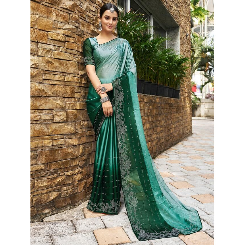 Satrani Womens Pure Georgette Saree (3430S279N_Dark Light Green)