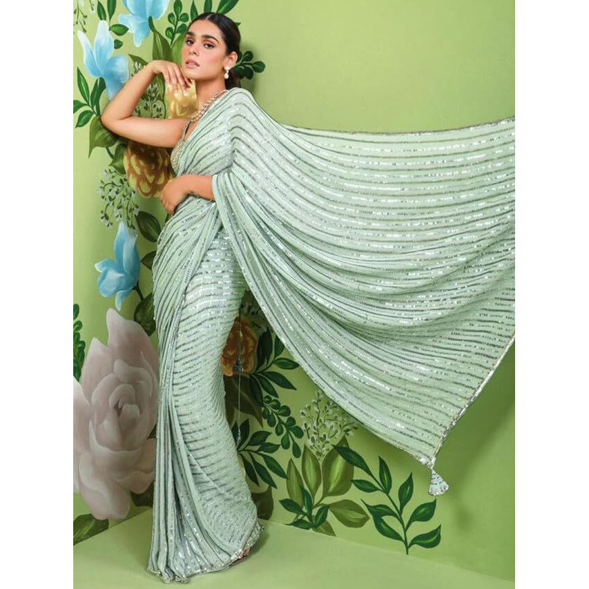 SIRIL Womens Sequence Embroidery Georgette Saree with Unstitched Blouse Piece (3148S103_Turquoise)