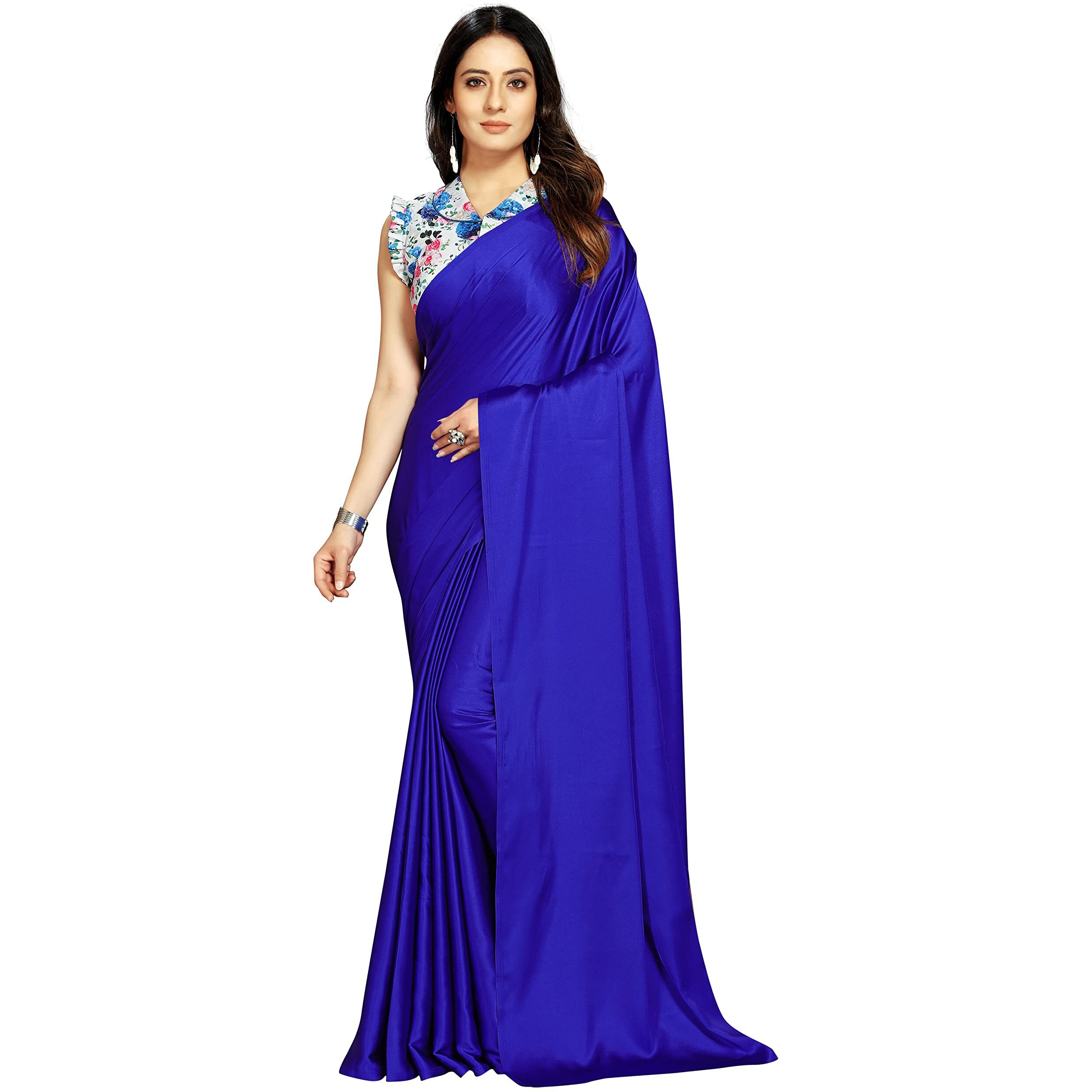 ANANT DESIGNER STUDIO Womens Satin Silk Plain Saree with Designer Blouse Piece Digital Printed (Royal Blue)