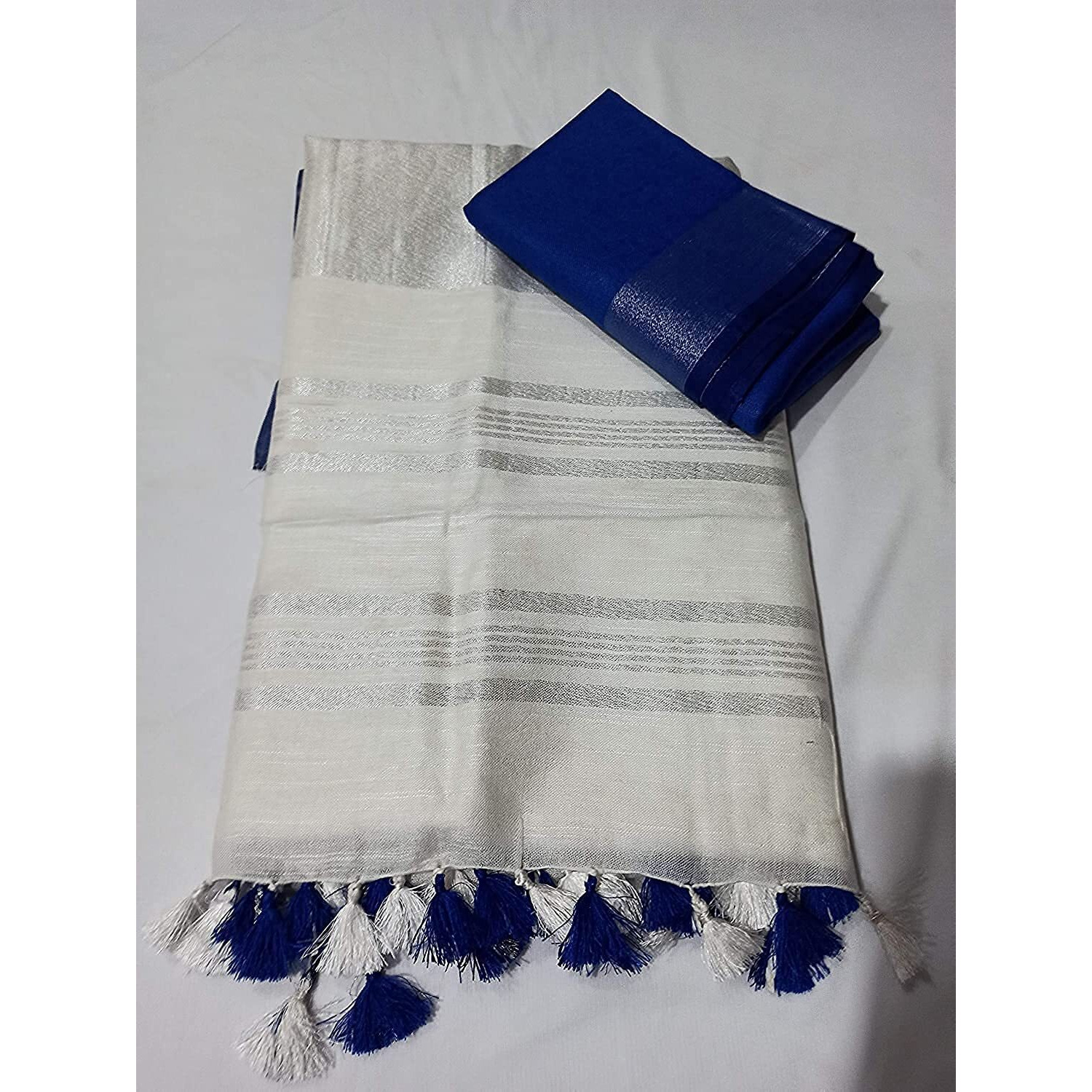 HAIDER ALI AND SONS Linen Slub White Colour Ethnic Wear Saree For Womens (With Blouse) (SILVER BLUE)