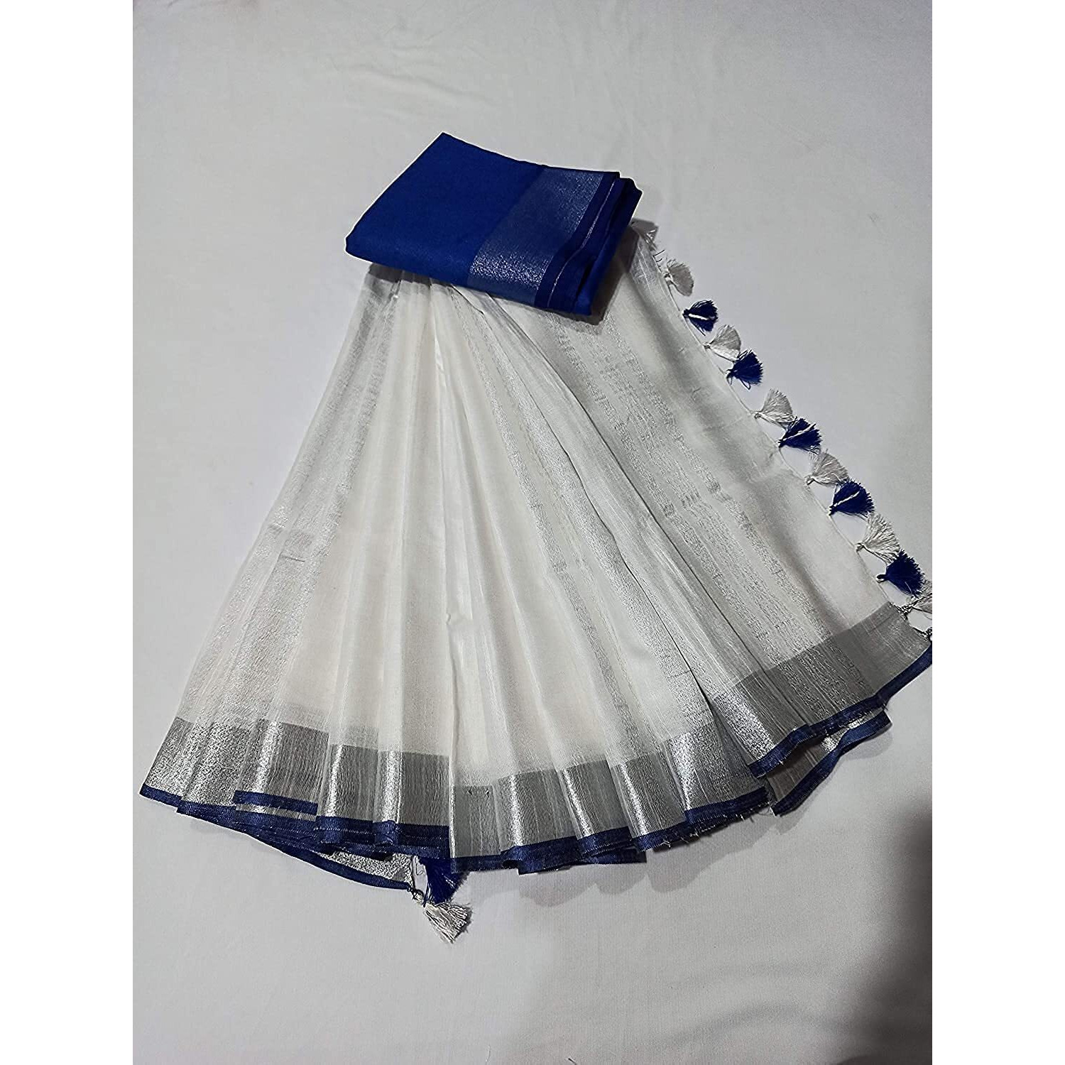 HAIDER ALI AND SONS Linen Slub White Colour Ethnic Wear Saree For Womens (With Blouse) (SILVER BLUE)
