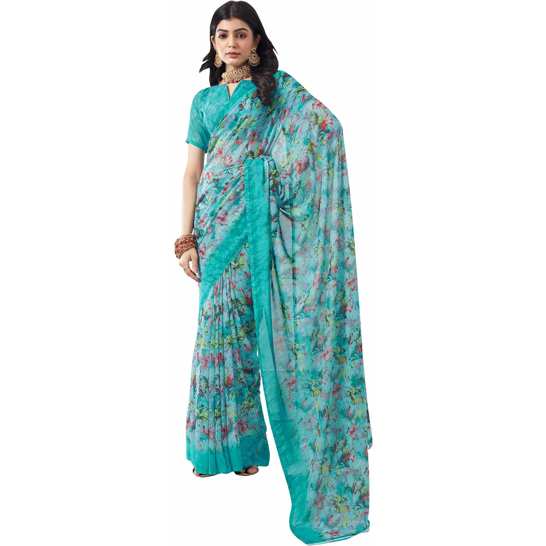SIRIL Womens Georgette Printed Saree With Unstitched Blouse Piece (3451S1094_Turquoise)