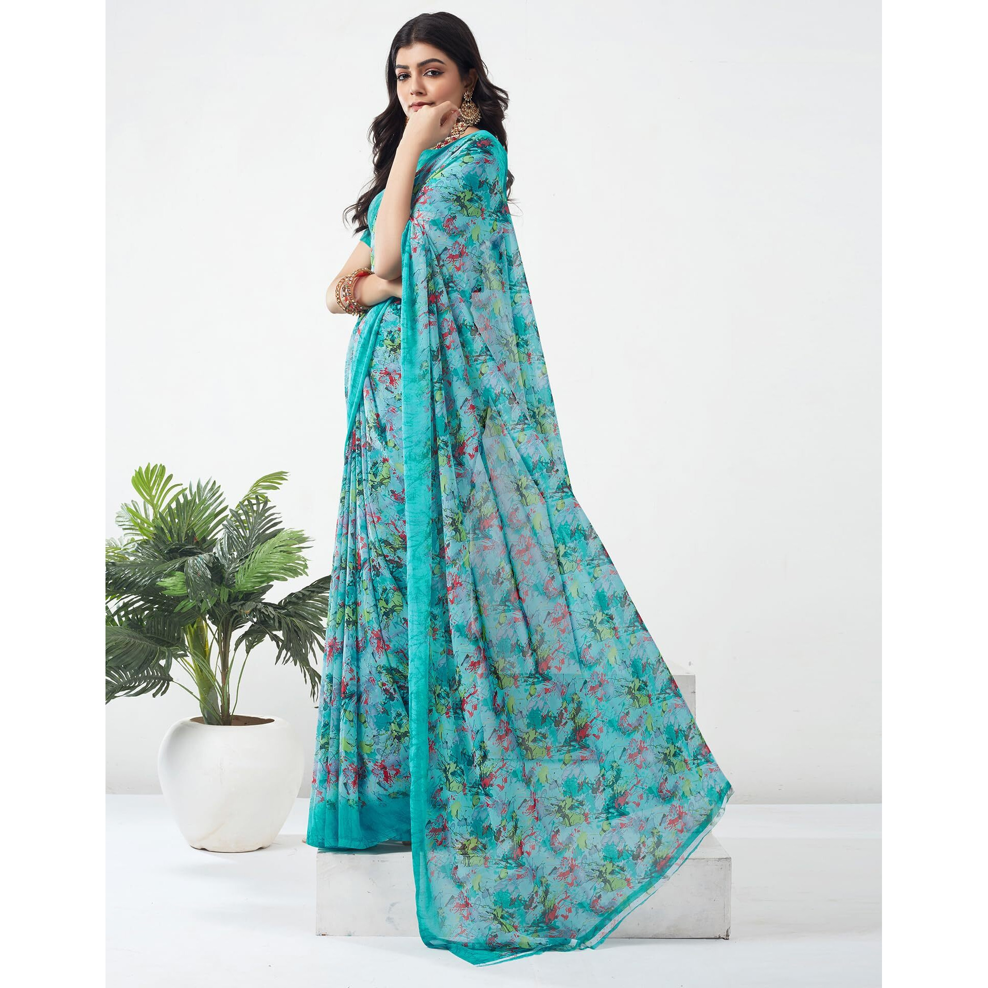 SIRIL Womens Georgette Printed Saree With Unstitched Blouse Piece (3451S1094_Turquoise)