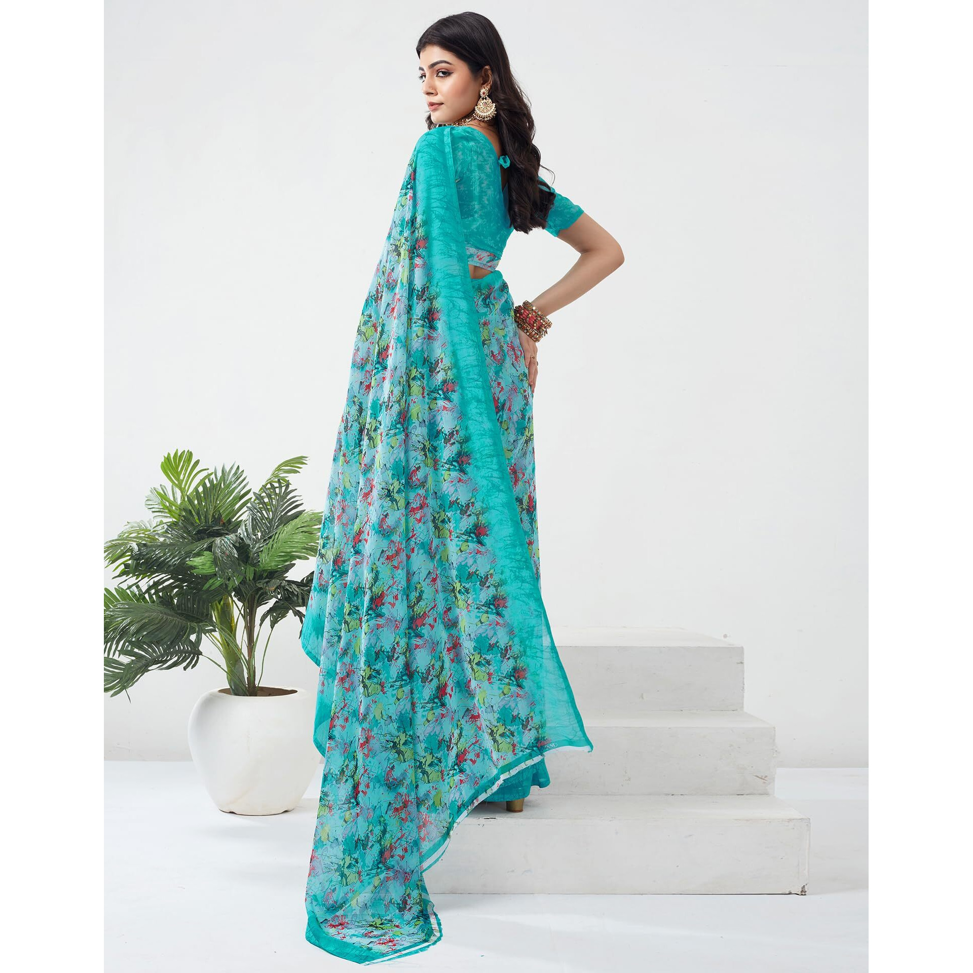 SIRIL Womens Georgette Printed Saree With Unstitched Blouse Piece (3451S1094_Turquoise)