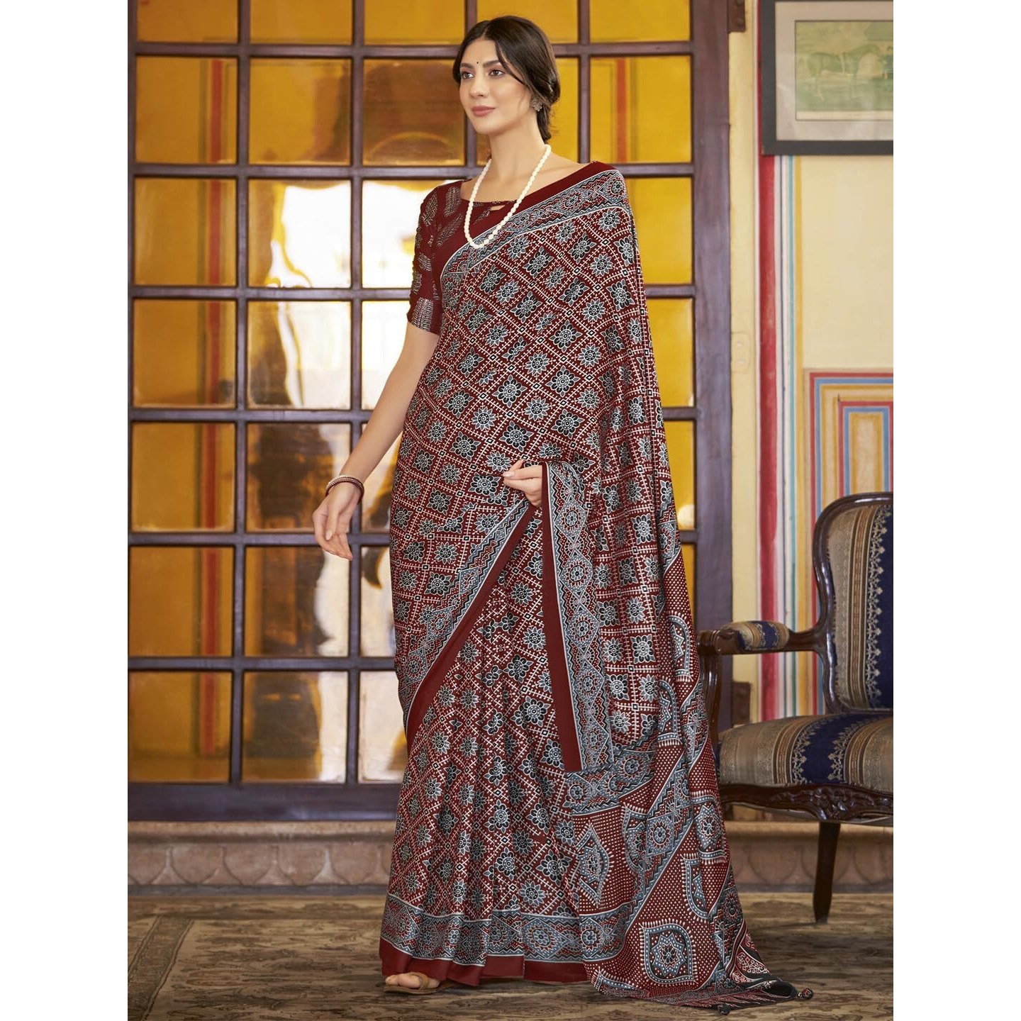 SAREE MALL Womens Ajrak Crepe Satin Printed Saree With Unstitched Blouse Piece(Red_MOHAR203A_HS)