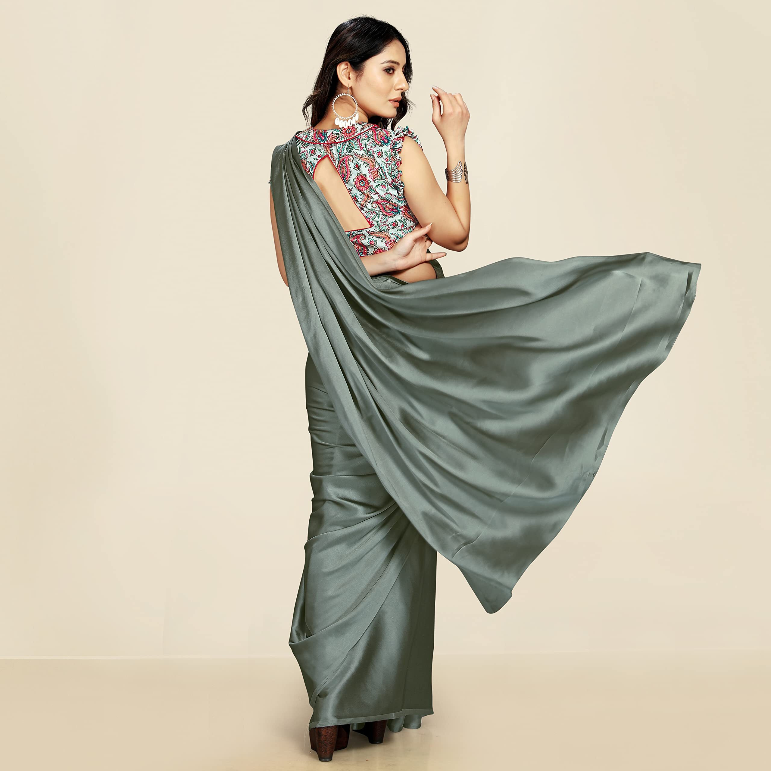 DHYANOM Womens Banarasi Olive Green Satin Silk Plain Saree with Designer Blouse Piece Digital Printed (Olive Green)