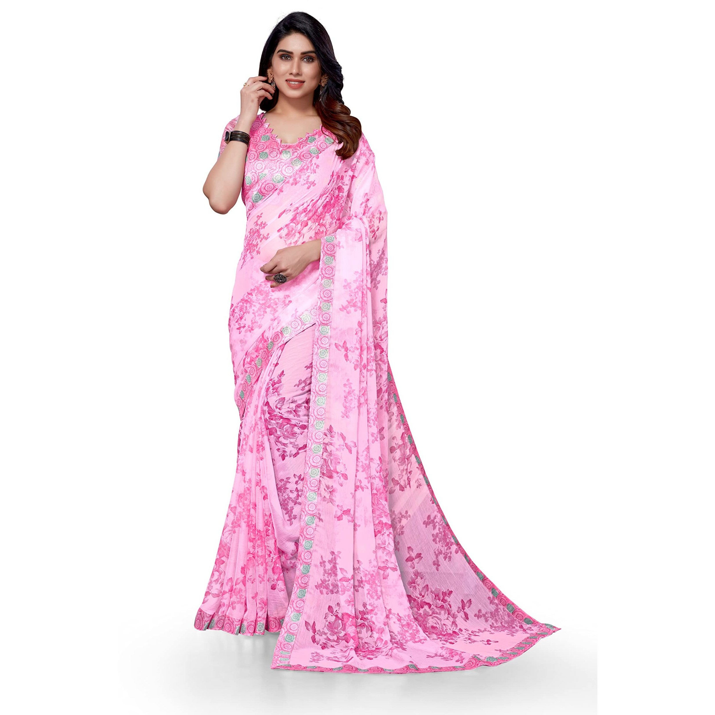 MIRCHI FASHION Womens Plain Weave Chiffon Floral Printed Foil Work Saree with Blouse Piece (36644-Light Pink)