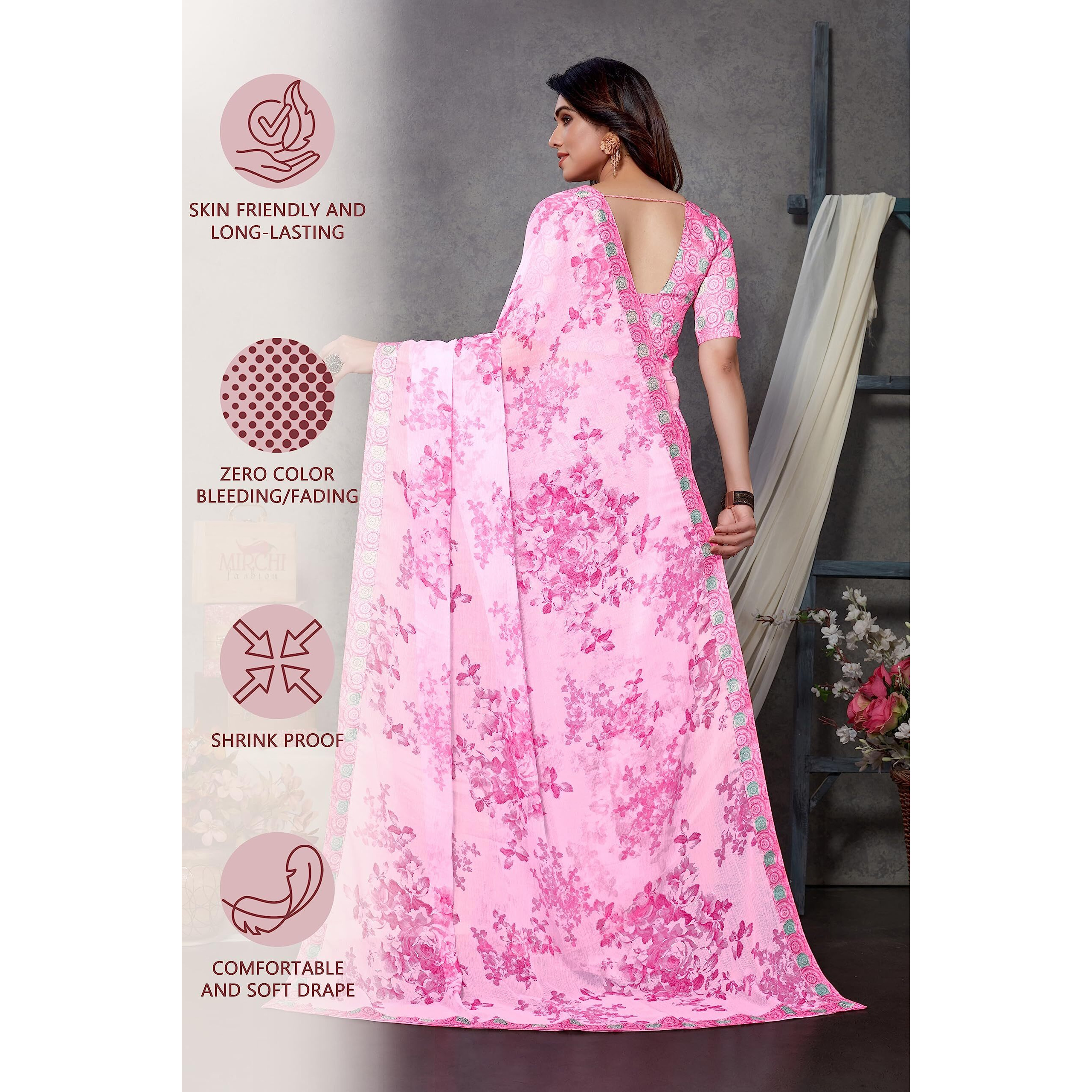 MIRCHI FASHION Womens Plain Weave Chiffon Floral Printed Foil Work Saree with Blouse Piece (36644-Light Pink)