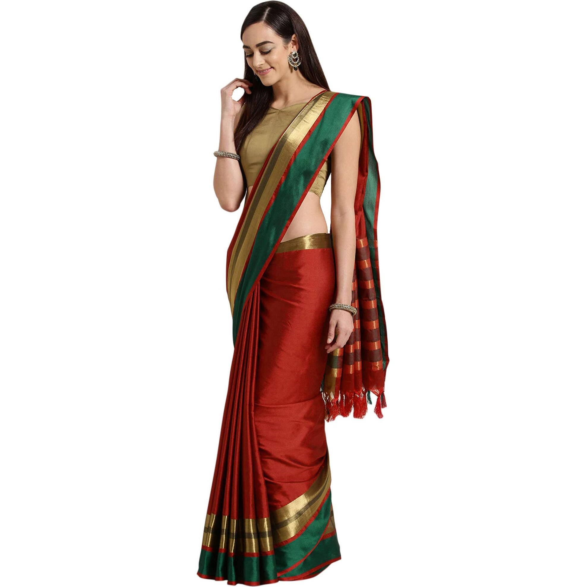 SAREE MALL Womens Silk and Cotton Saree with Blouse Piece (8AURA8003_M_Red)