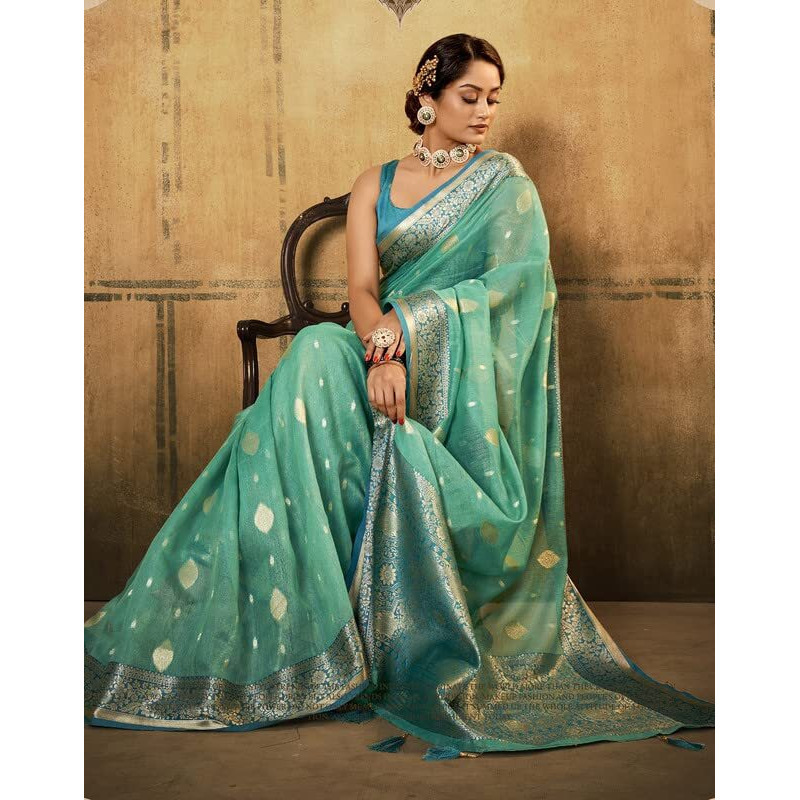 Satrani Womens Banarasi Silk Blend Saree (2786S102N_Turquoise Green)