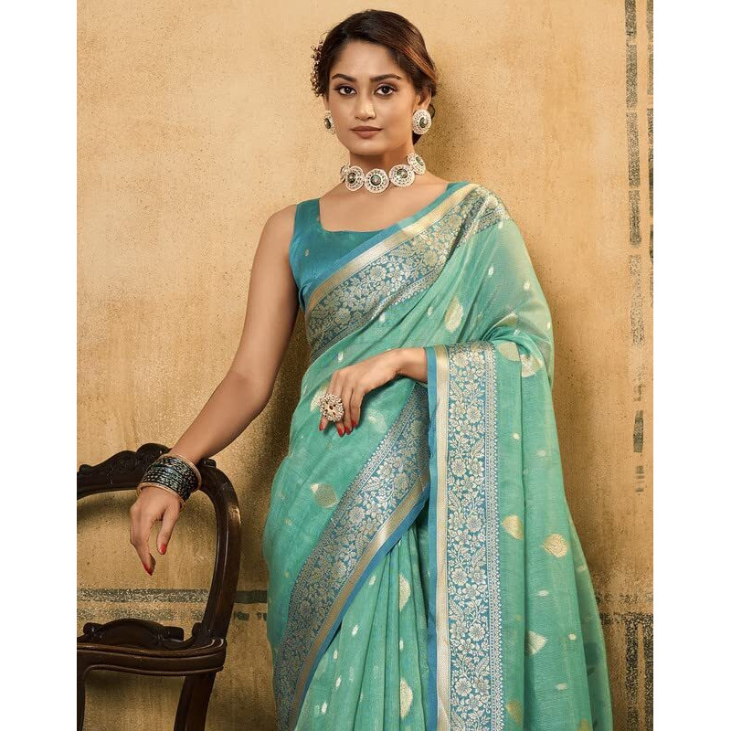 Satrani Womens Banarasi Silk Blend Saree (2786S102N_Turquoise Green)