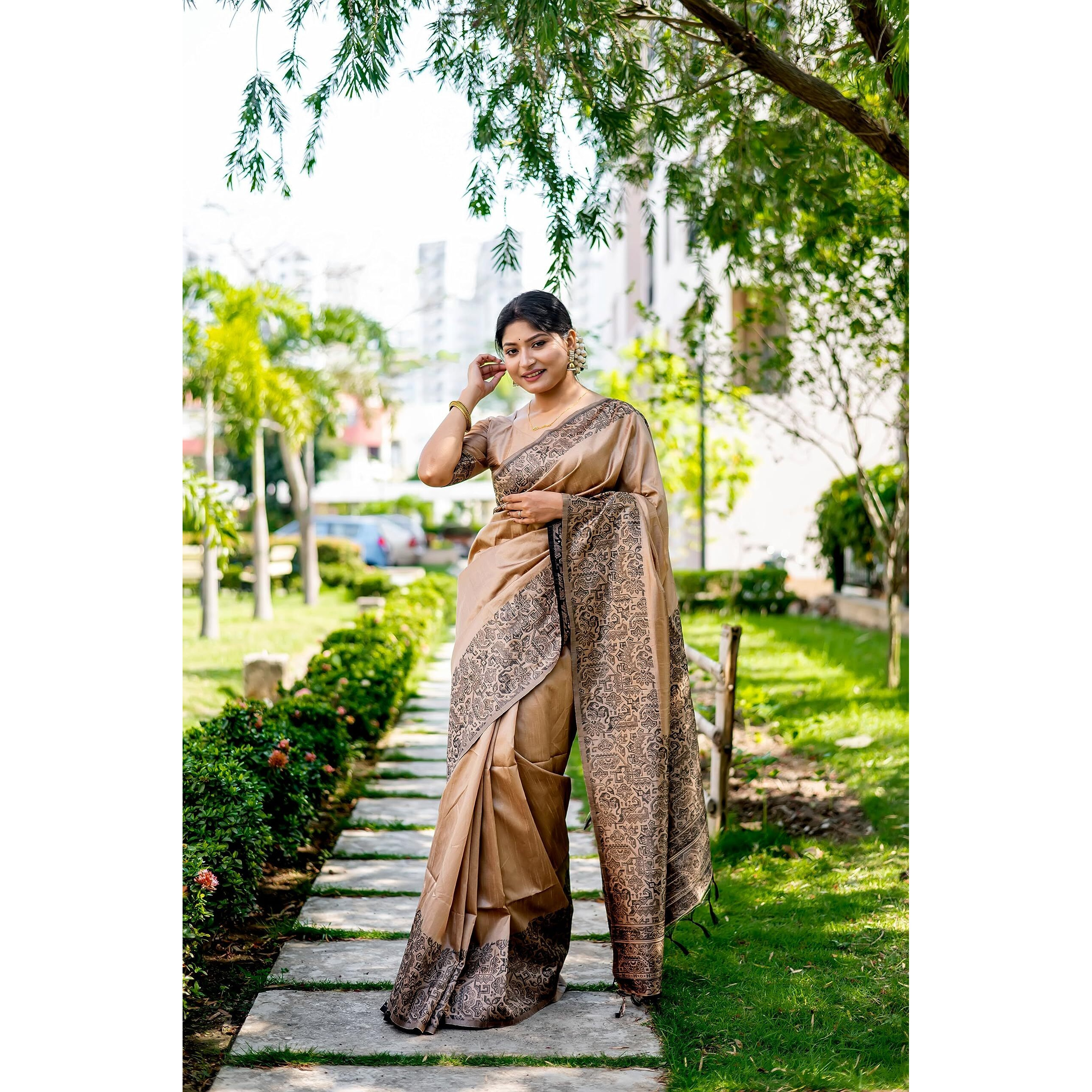 NK Textiles Womens Plain/Solid With Kalamkari Woven Border Raw Silk Saree With Tassels (13 Colors), Chikoo