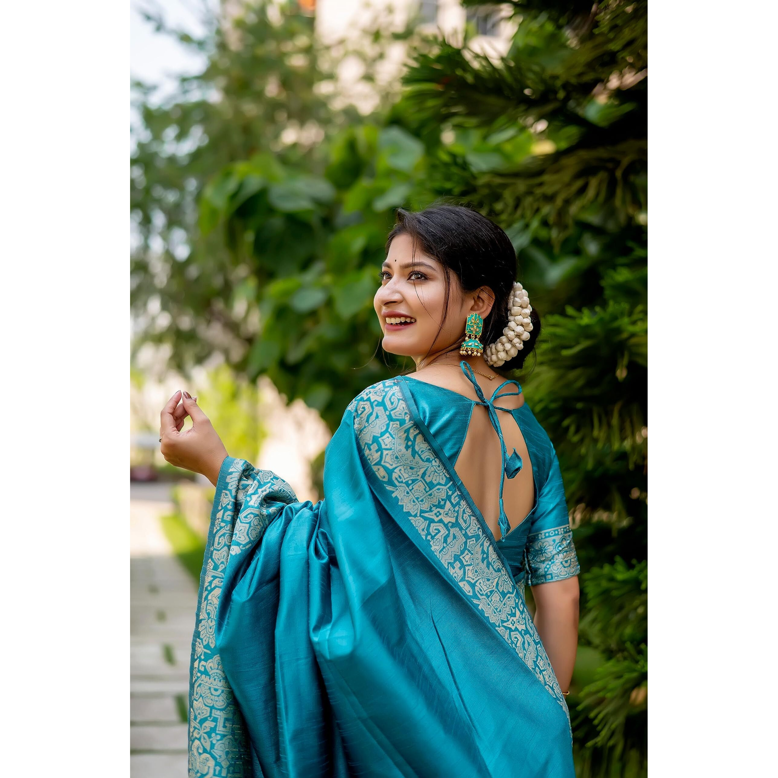NK Textiles Womens Plain/Solid with Kalamkari Woven Border Raw Silk Saree with Tassels (13 COLORS)