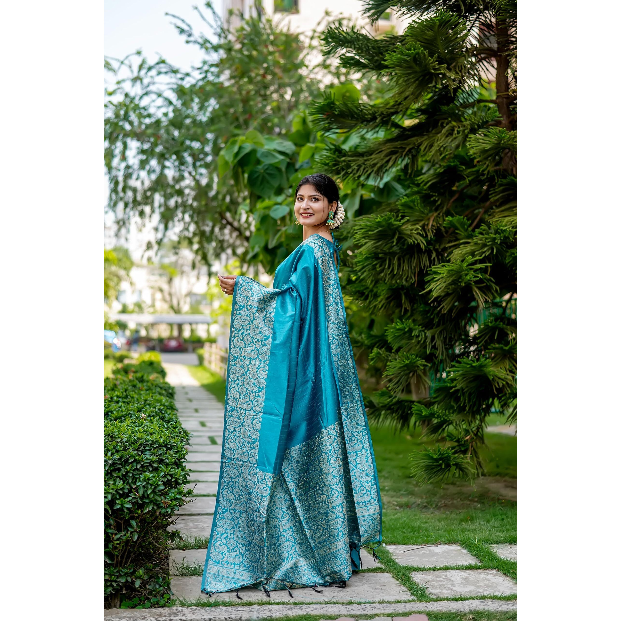 NK Textiles Womens Plain/Solid with Kalamkari Woven Border Raw Silk Saree with Tassels (13 COLORS)