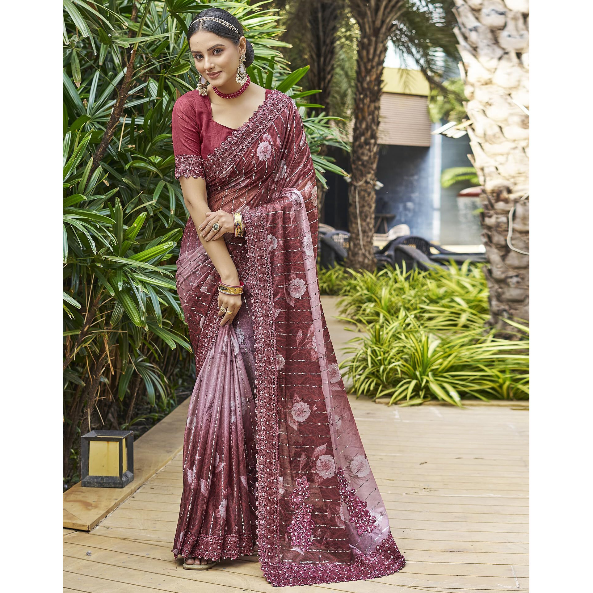 SIRIL Womens Lycra Floral Printed Lace Boarder Stone Work Saree With Unstitched Blouse Piece (3402S262_Maroon)