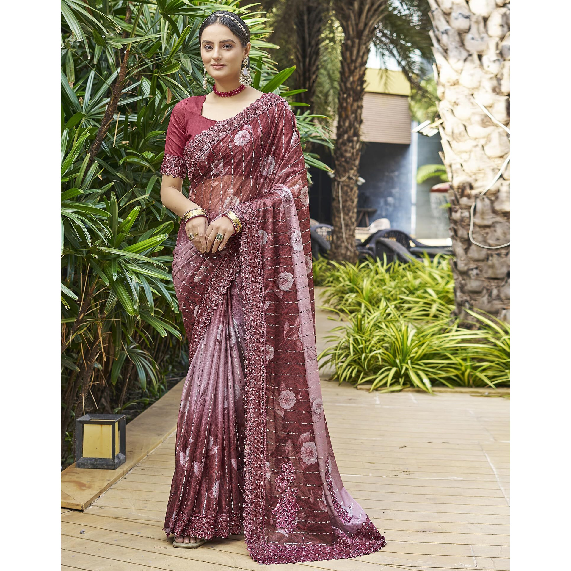 SIRIL Womens Lycra Floral Printed Lace Boarder Stone Work Saree With Unstitched Blouse Piece (3402S262_Maroon)