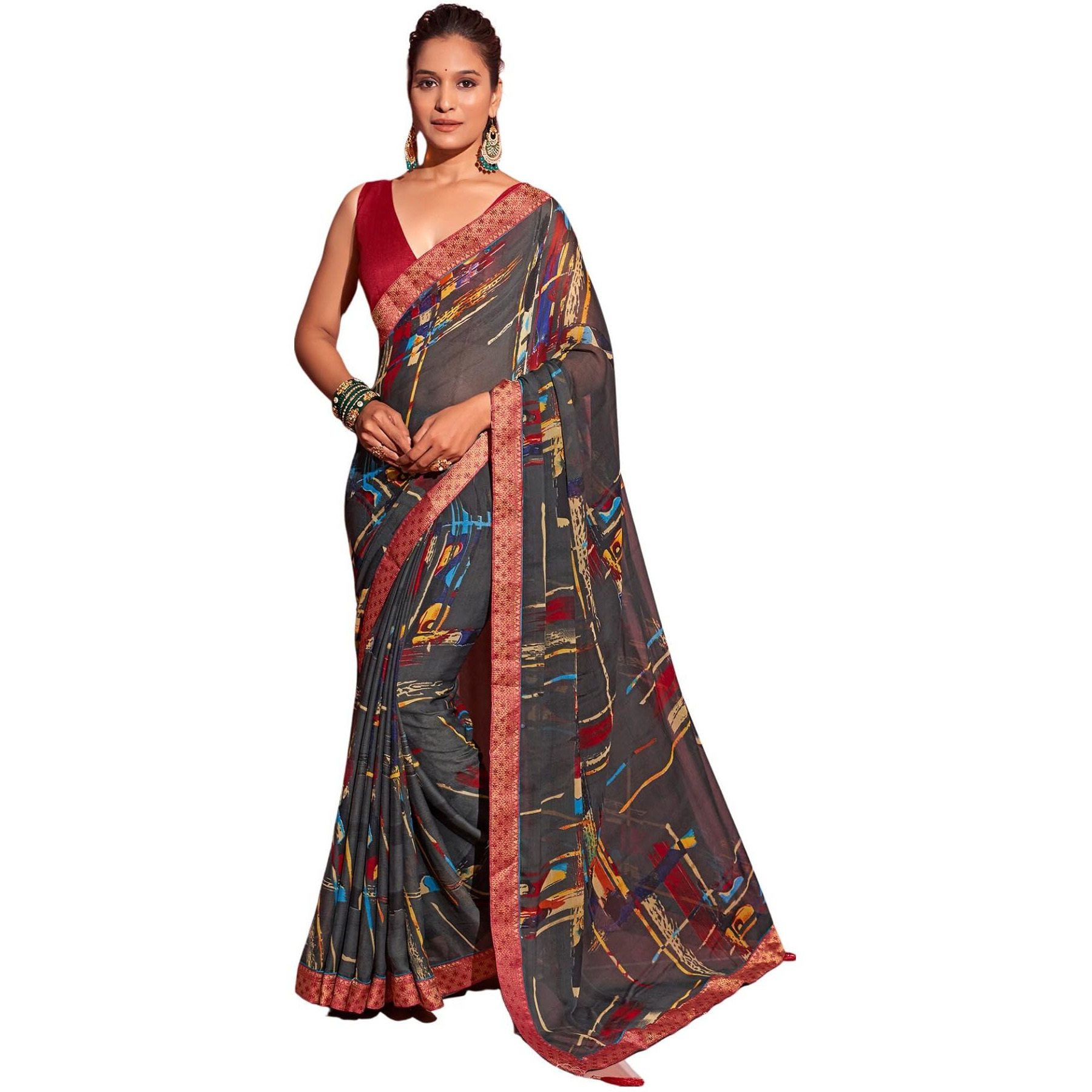 SIRIL Womens Chiffon Geometric Printed Saree With Unstitched Blouse Piece (3628S2527_Dark Grey)