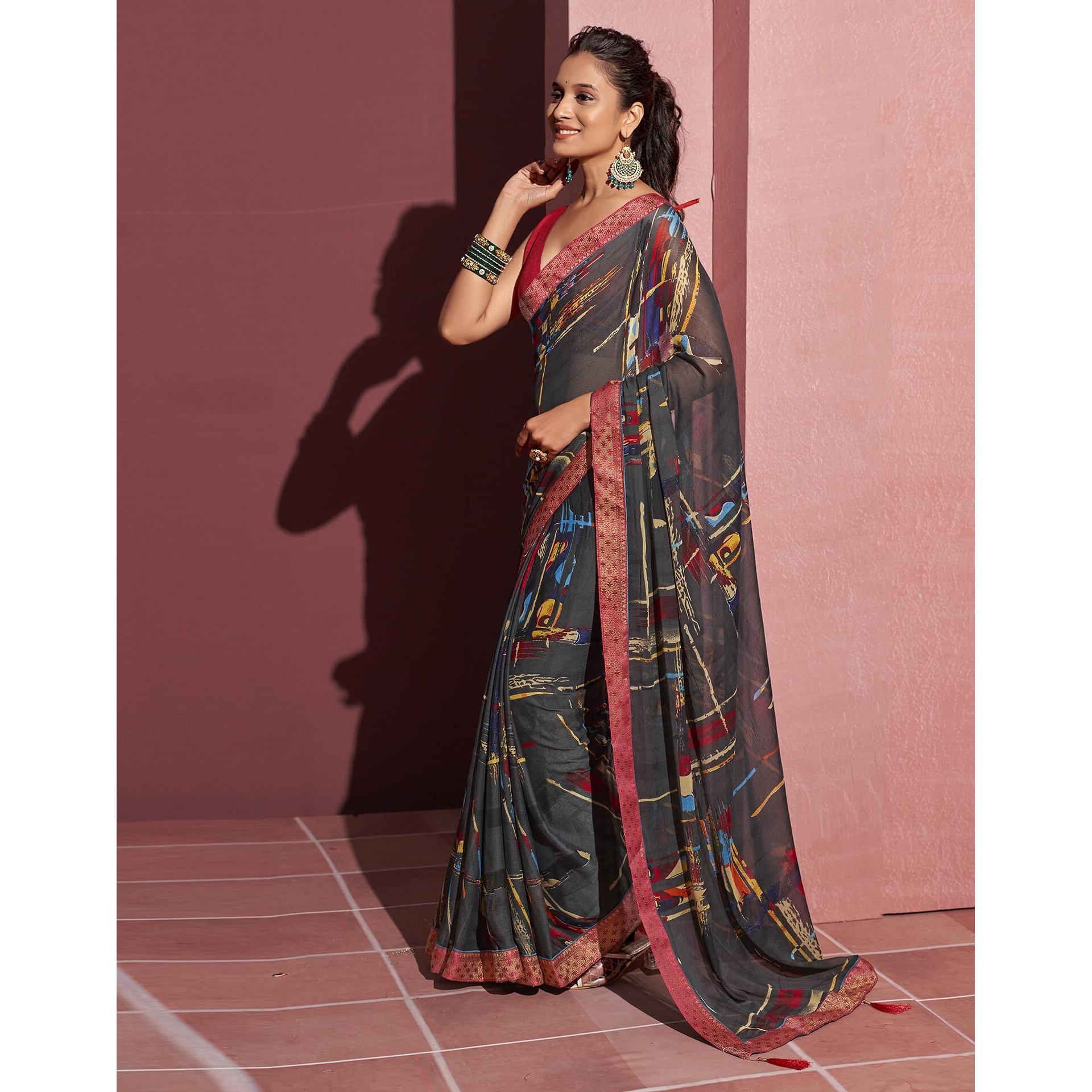 SIRIL Womens Chiffon Geometric Printed Saree With Unstitched Blouse Piece (3628S2527_Dark Grey)
