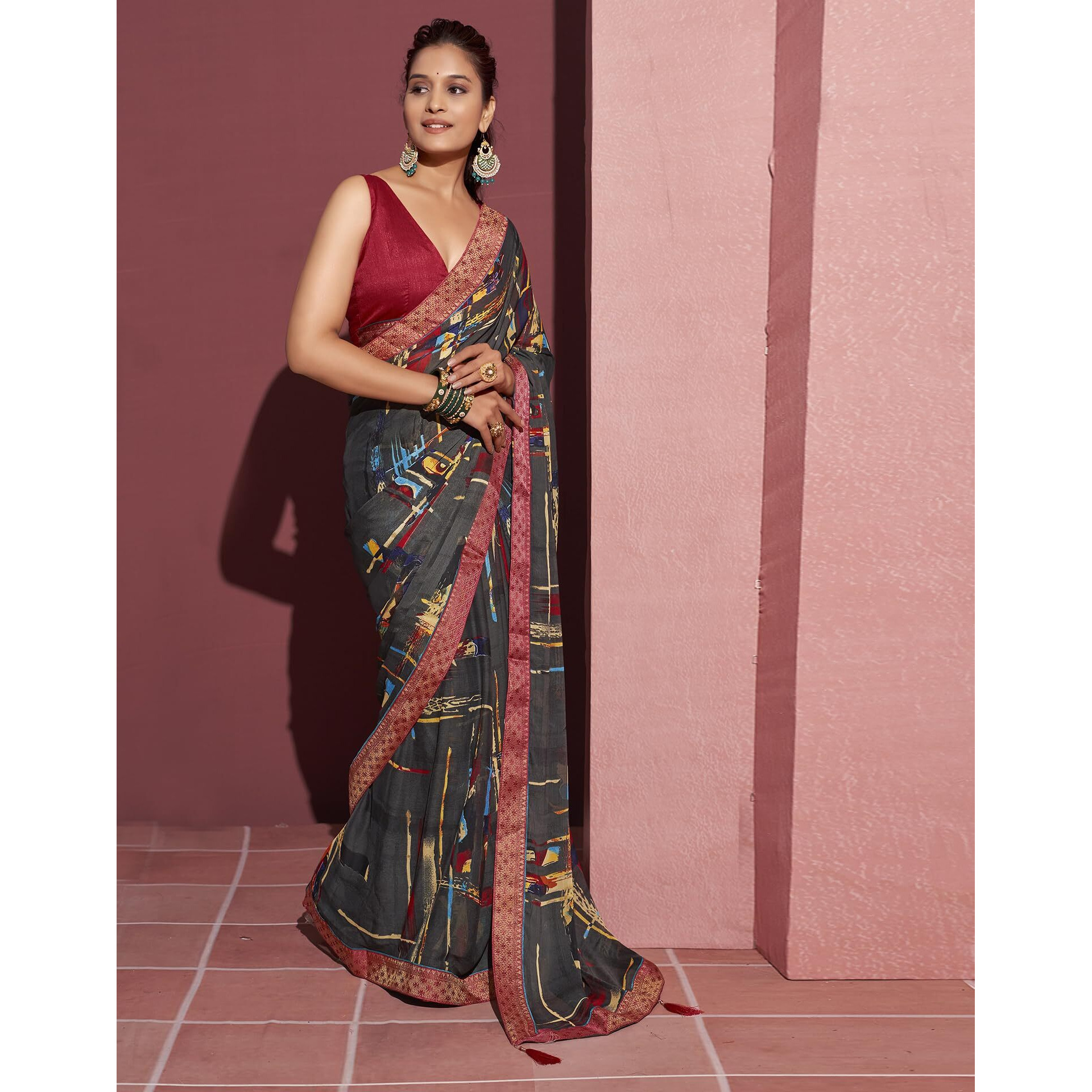 SIRIL Womens Chiffon Geometric Printed Saree With Unstitched Blouse Piece (3628S2527_Dark Grey)