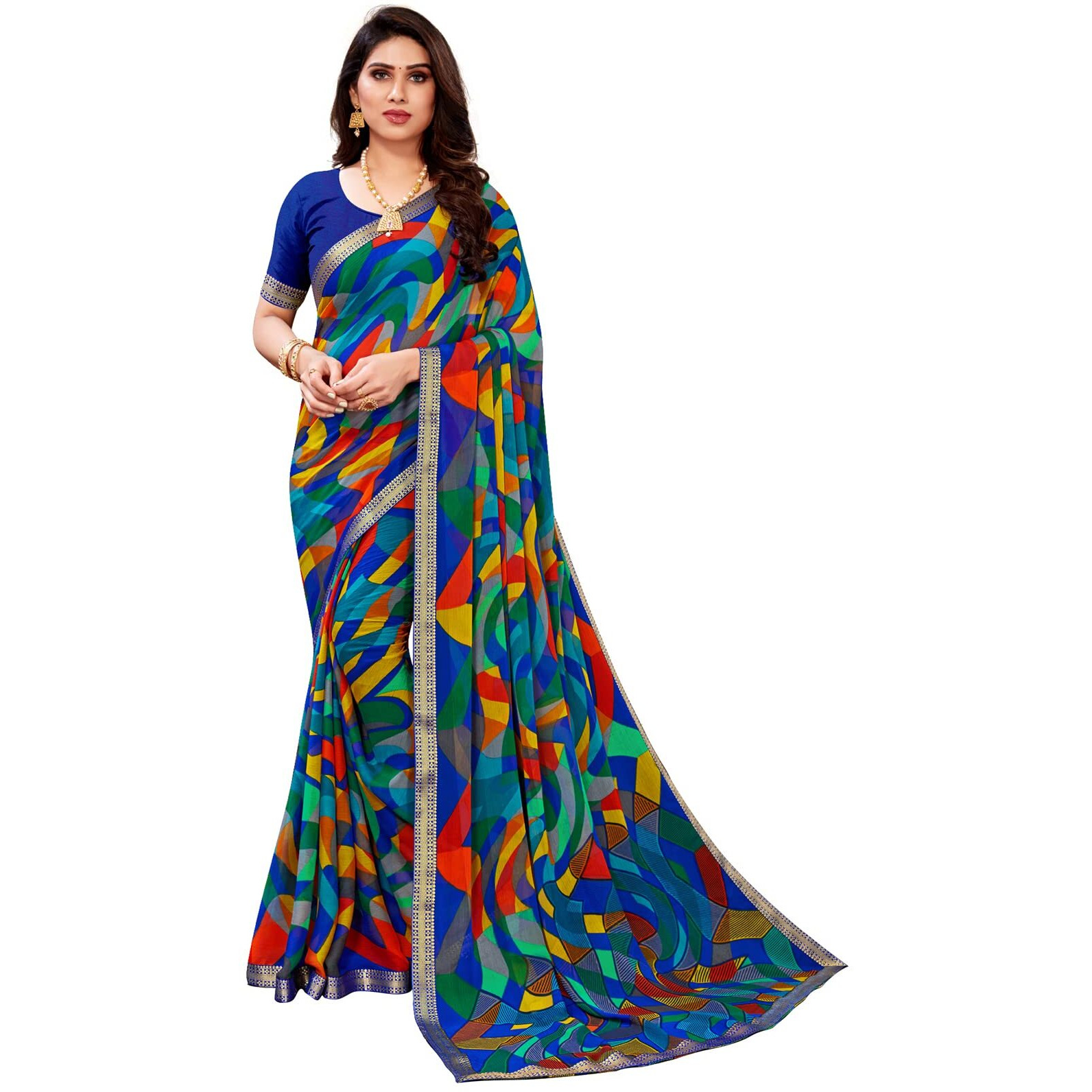 SIRIL Womens Lace & Geometric Printed Chiffon Saree with Unstitched Blouse Piece(2212S1032_Multi1)