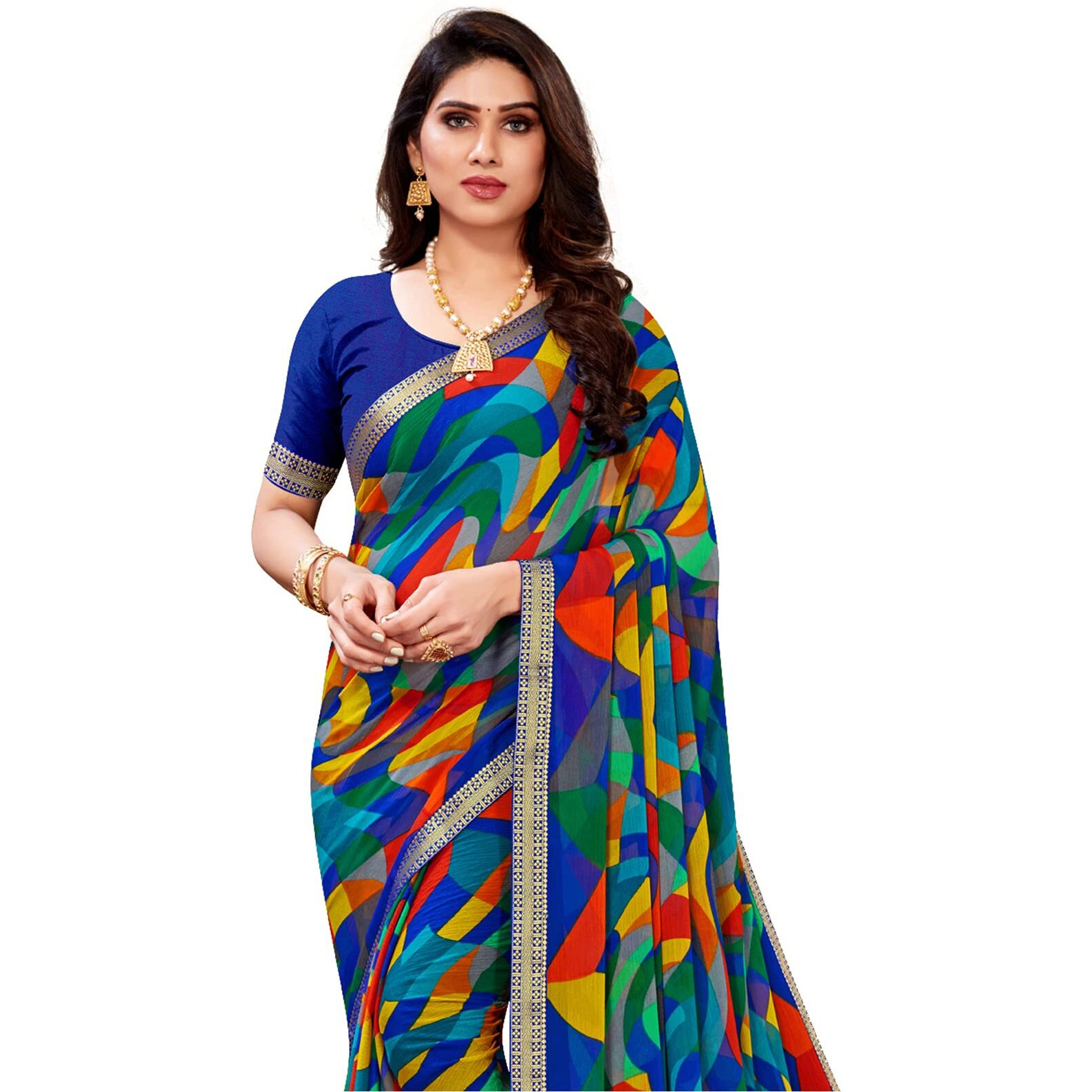 SIRIL Womens Lace & Geometric Printed Chiffon Saree with Unstitched Blouse Piece(2212S1032_Multi1)
