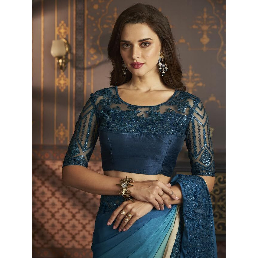 Satrani Womens Pure Chiffon Saree (3568S133N_Beige & Turquoise & Peacock Blue)