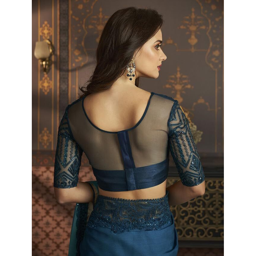 Satrani Womens Pure Chiffon Saree (3568S133N_Beige & Turquoise & Peacock Blue)