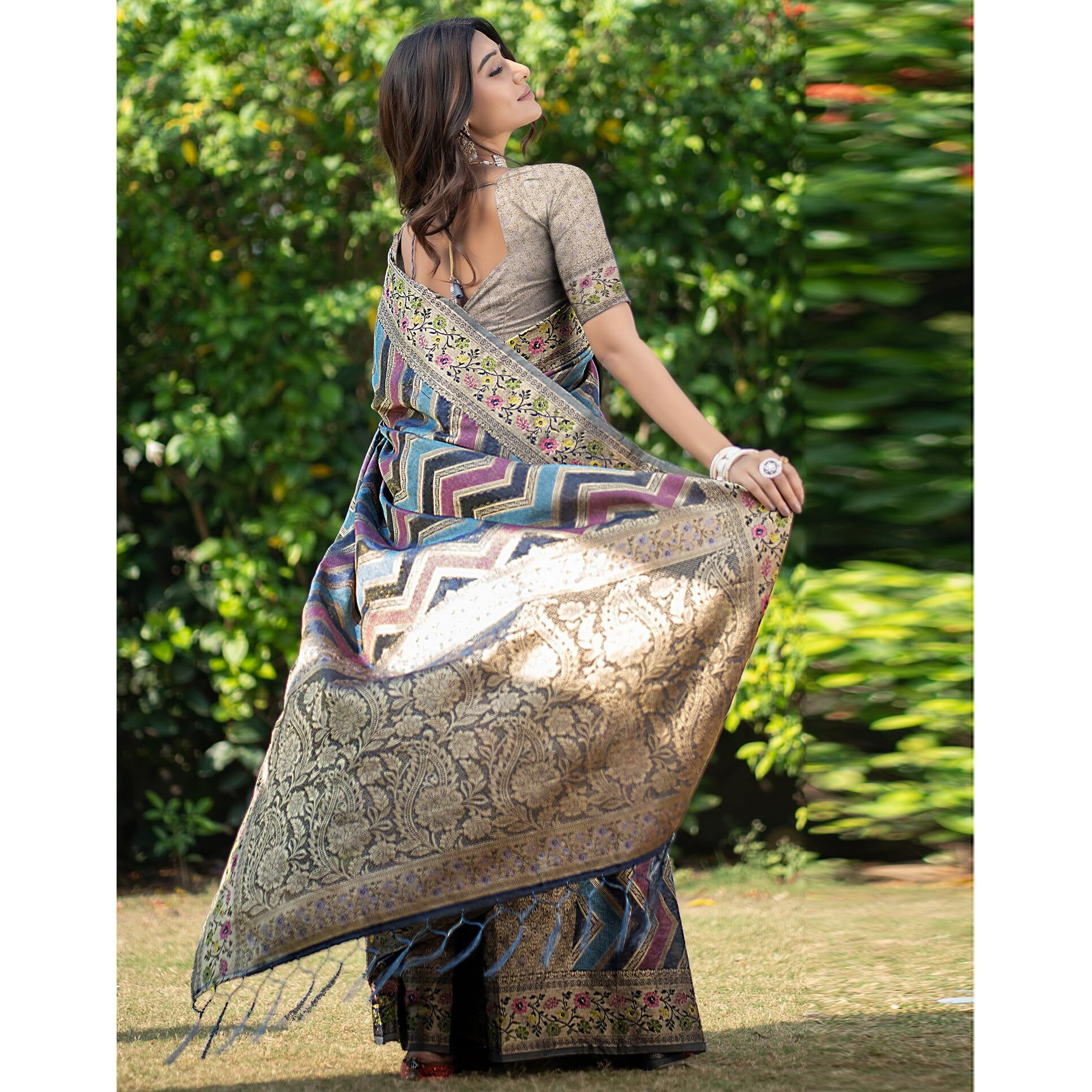 SIRIL Womens Organza Jacquard Saree With Unstitched Blouse Piece (3414S205_Blue)