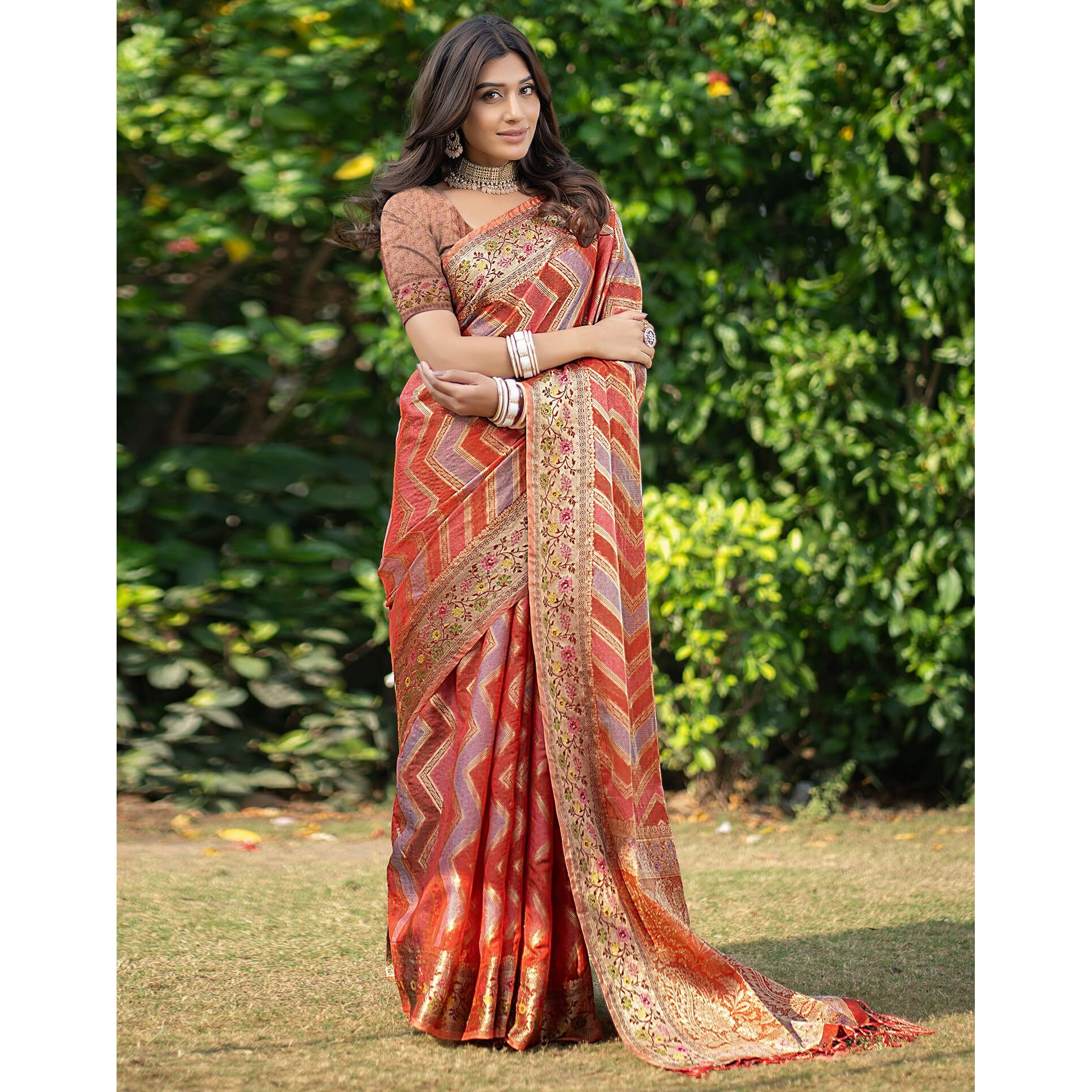SIRIL Womens Organza Jacquard Saree With Unstitched Blouse Piece (3414S203_Orange)