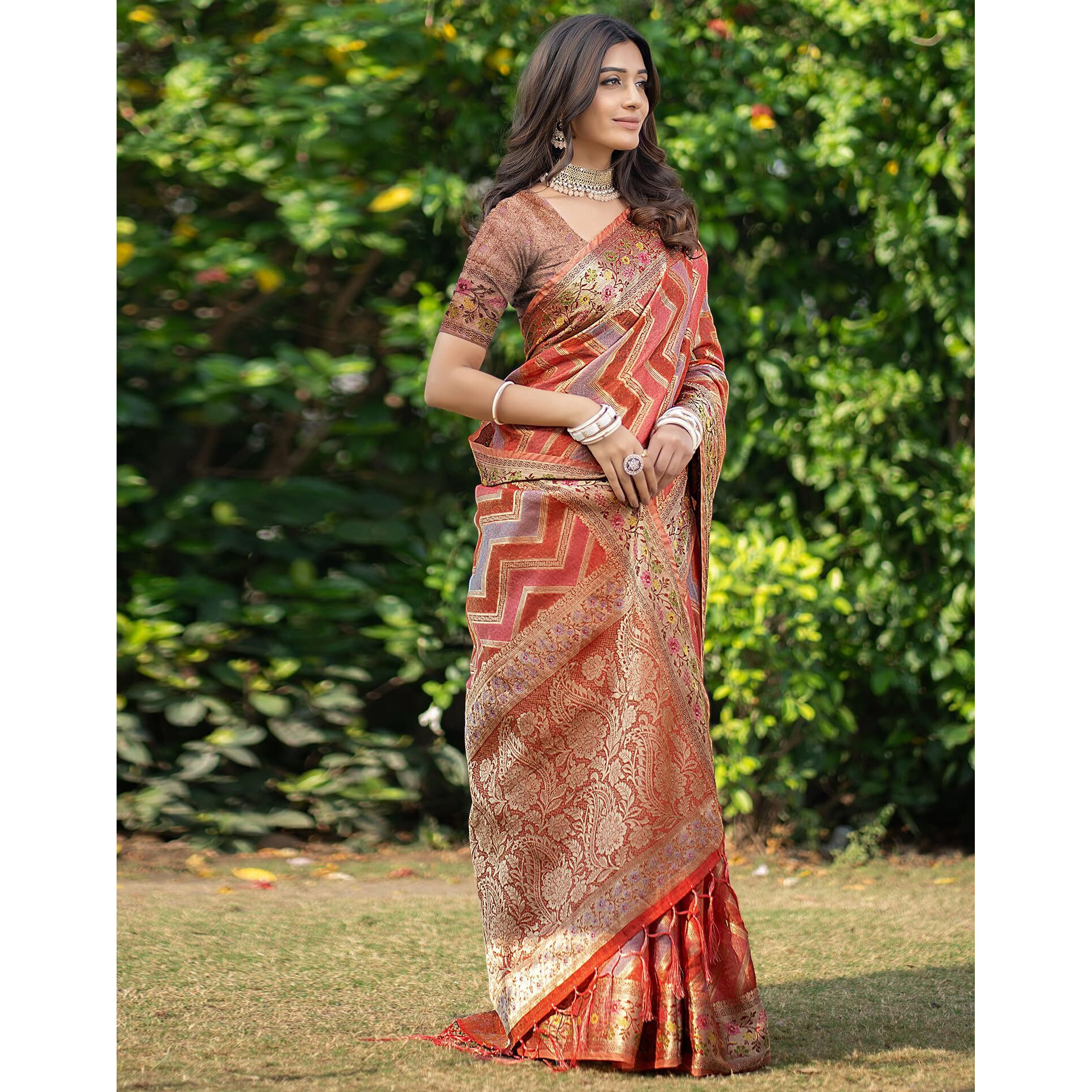 SIRIL Womens Organza Jacquard Saree With Unstitched Blouse Piece (3414S203_Orange)