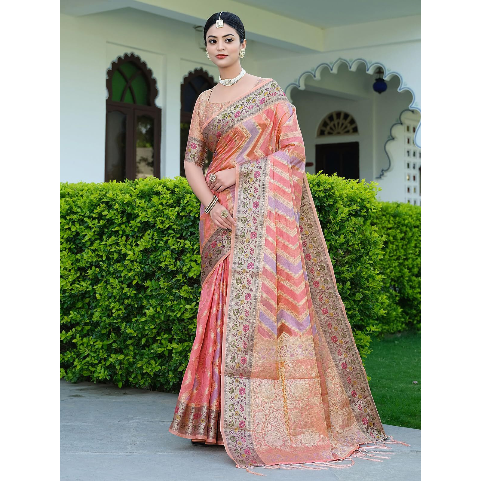 SIRIL Womens Banarasi Jacquard, Tassel Organza Saree with Unstitched Blouse(3086S144_Peach)