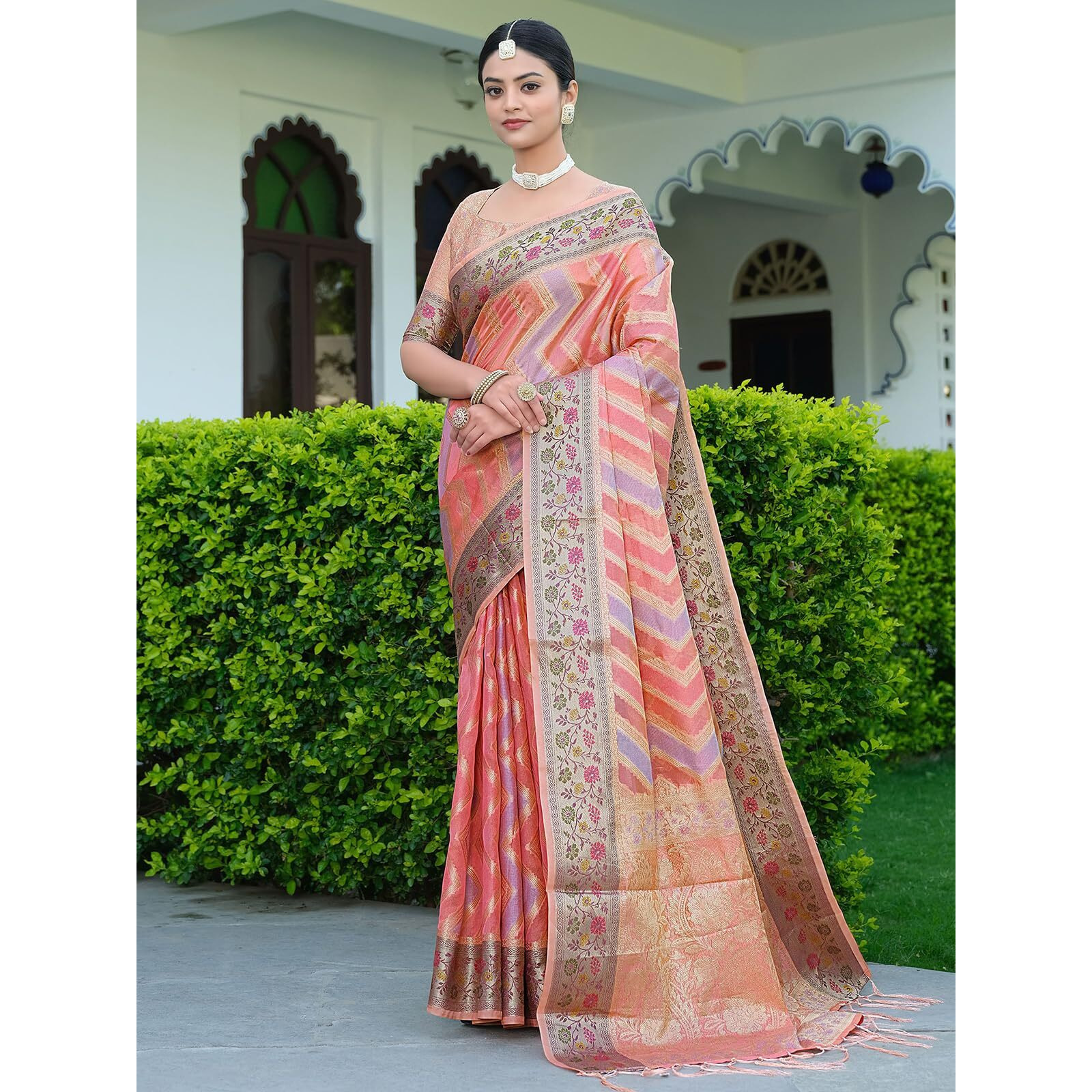 SIRIL Womens Banarasi Jacquard, Tassel Organza Saree with Unstitched Blouse(3086S144_Peach)