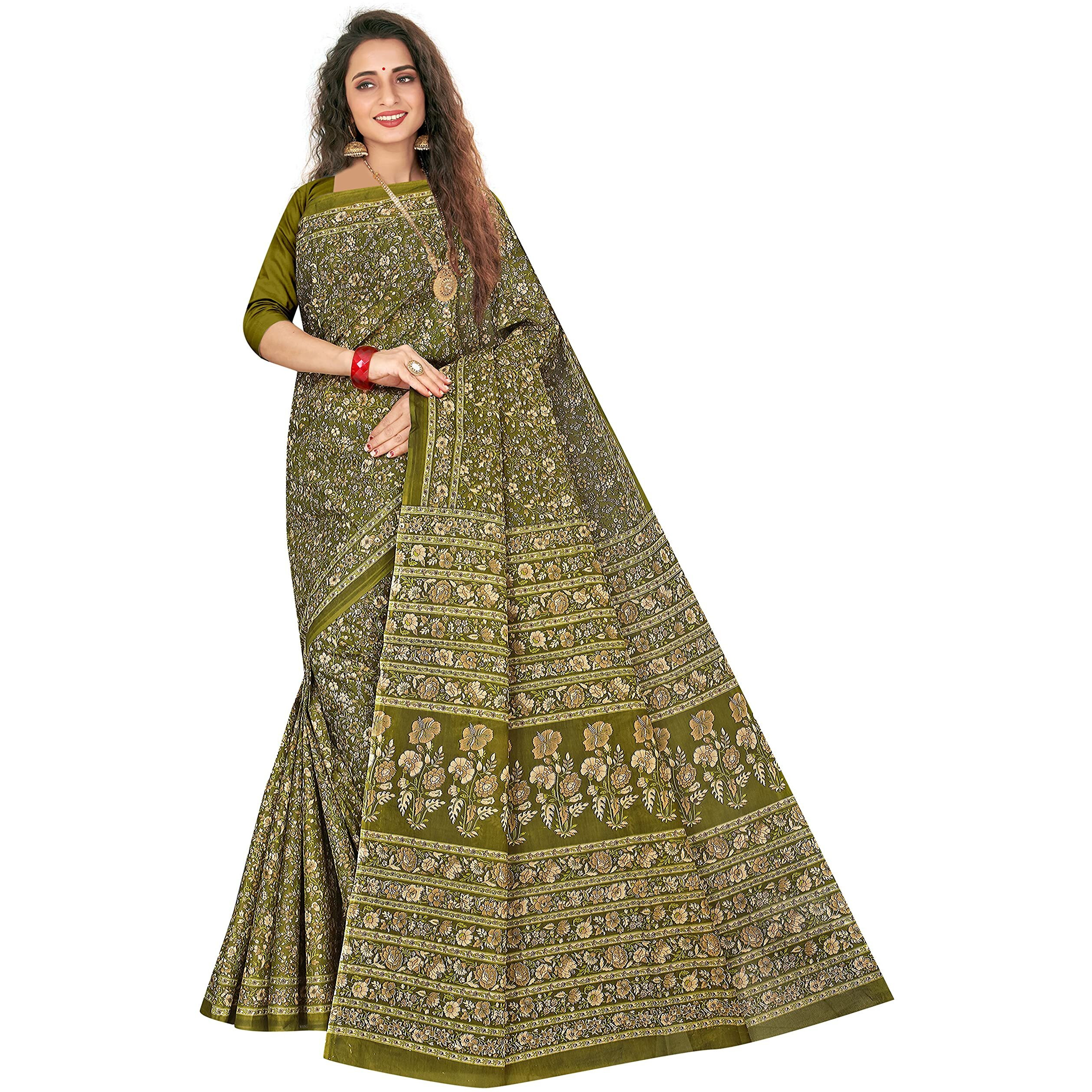 TAMAIRA FASHION Womens Plain Weave Pure Cotton Saree Without Blouse Piece(2336_Green)