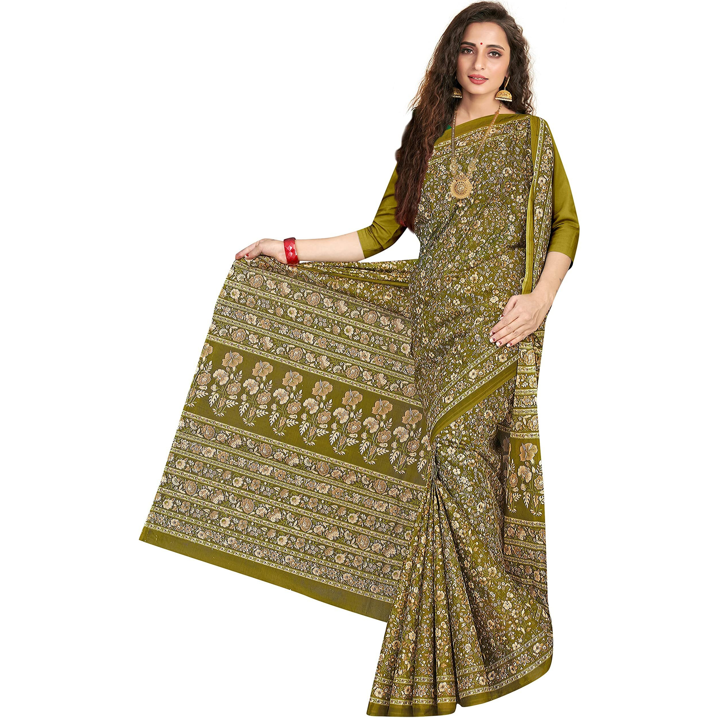 TAMAIRA FASHION Womens Plain Weave Pure Cotton Saree Without Blouse Piece(2336_Green)