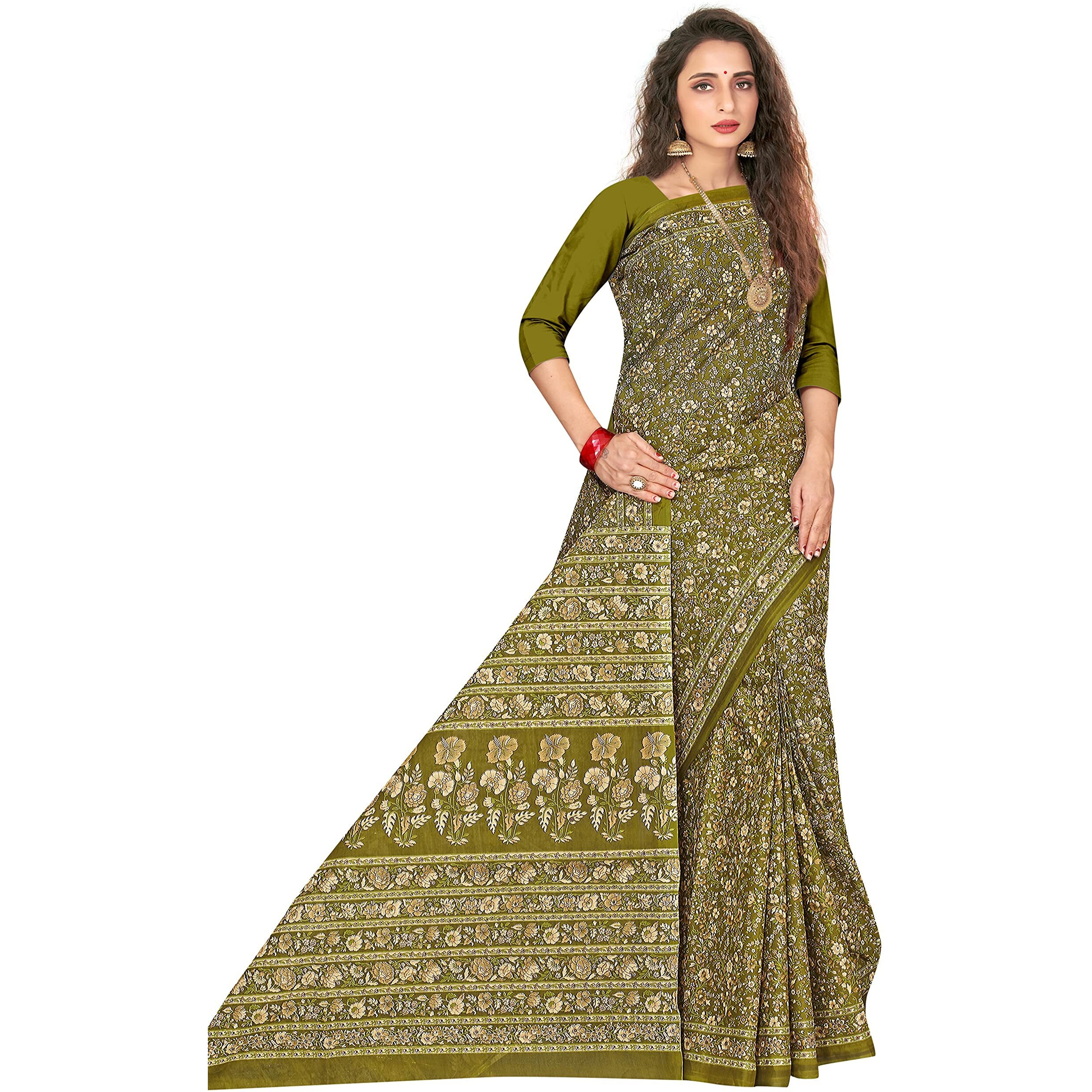TAMAIRA FASHION Womens Plain Weave Pure Cotton Saree Without Blouse Piece(2336_Green)