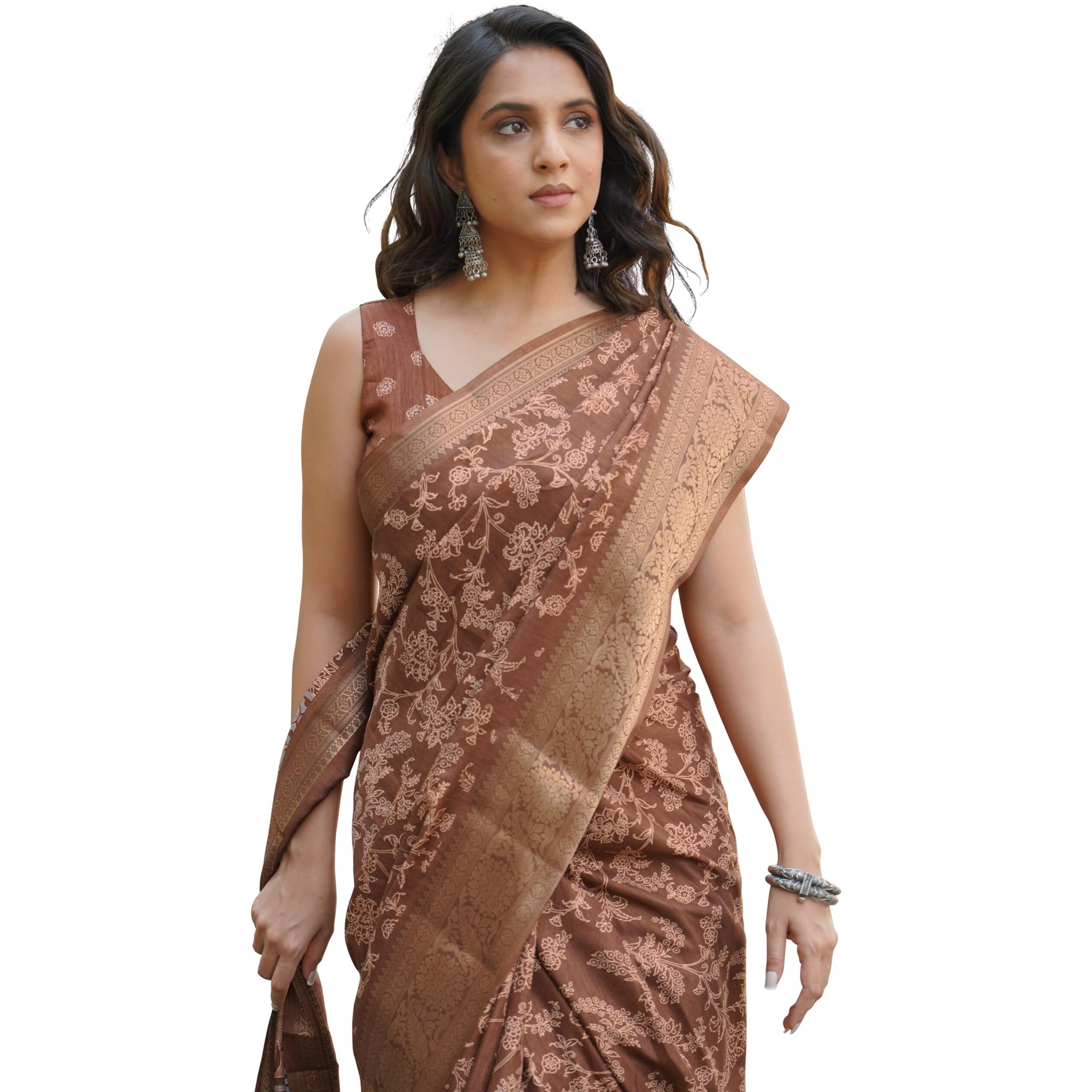 MIRCHI FASHION Womens Silk Blend Kalamkari Printed Saree with Blouse Piece (42264-Dusty Rust, Light Peach)
