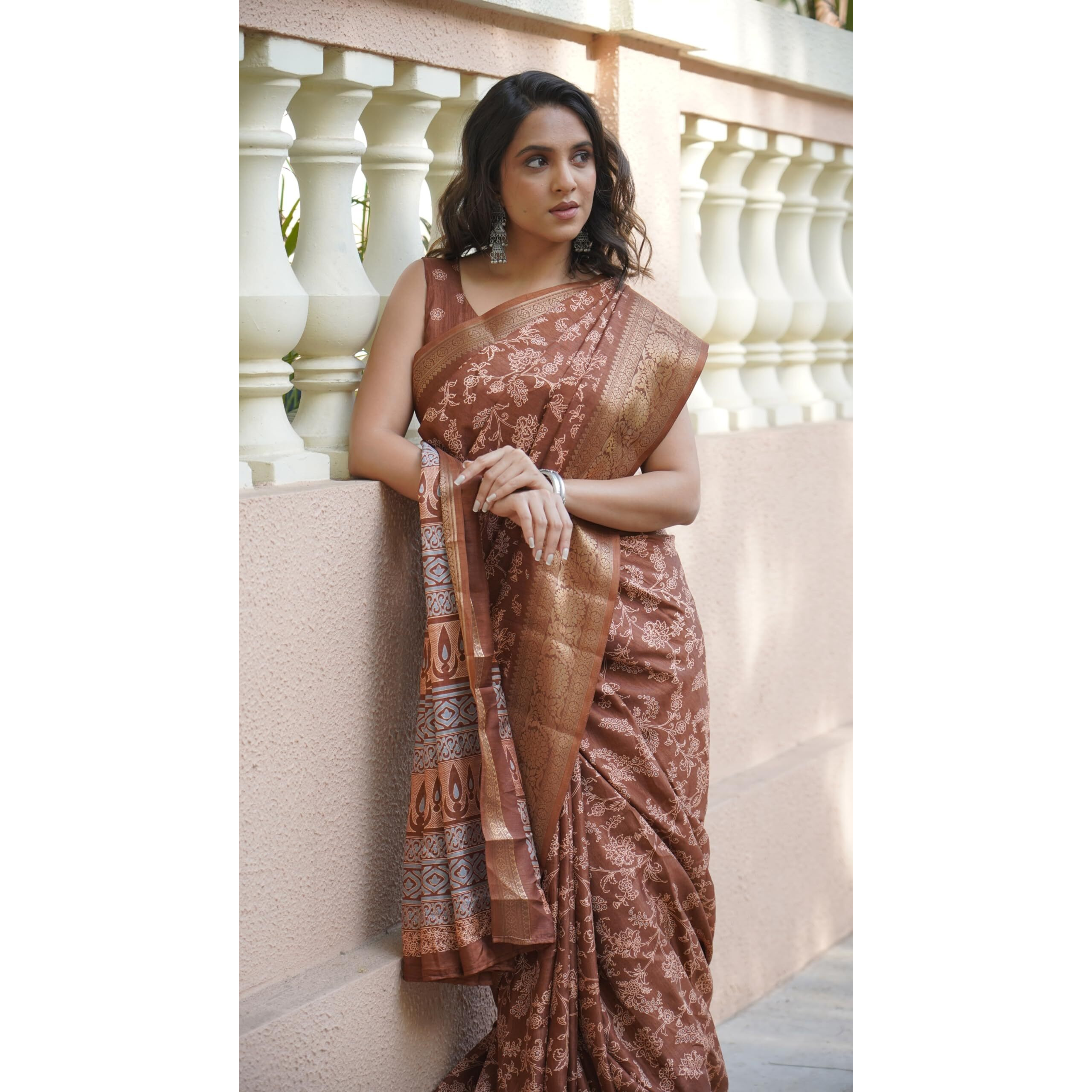 MIRCHI FASHION Womens Silk Blend Kalamkari Printed Saree with Blouse Piece (42264-Dusty Rust, Light Peach)
