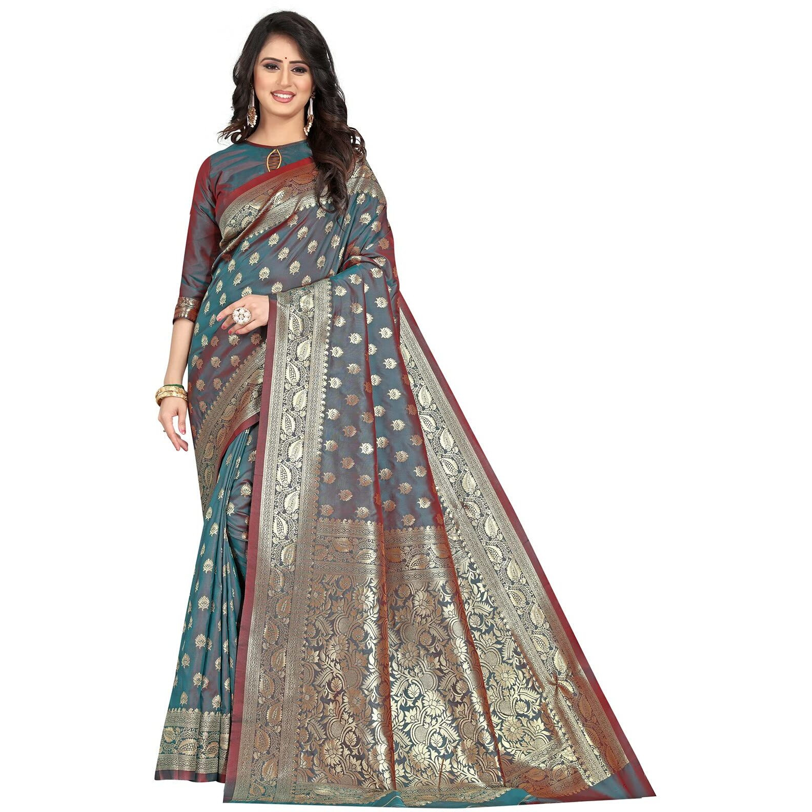 Sugathari Womens Banarasi Saree Pure Kanjivaram Silk Saree Soft new ladies 2023 Design Wear Pattu Sarees Latest Cotton Party Sari collections With Blouse Piece for Wedding sadi (PARI S-1 RAMA)