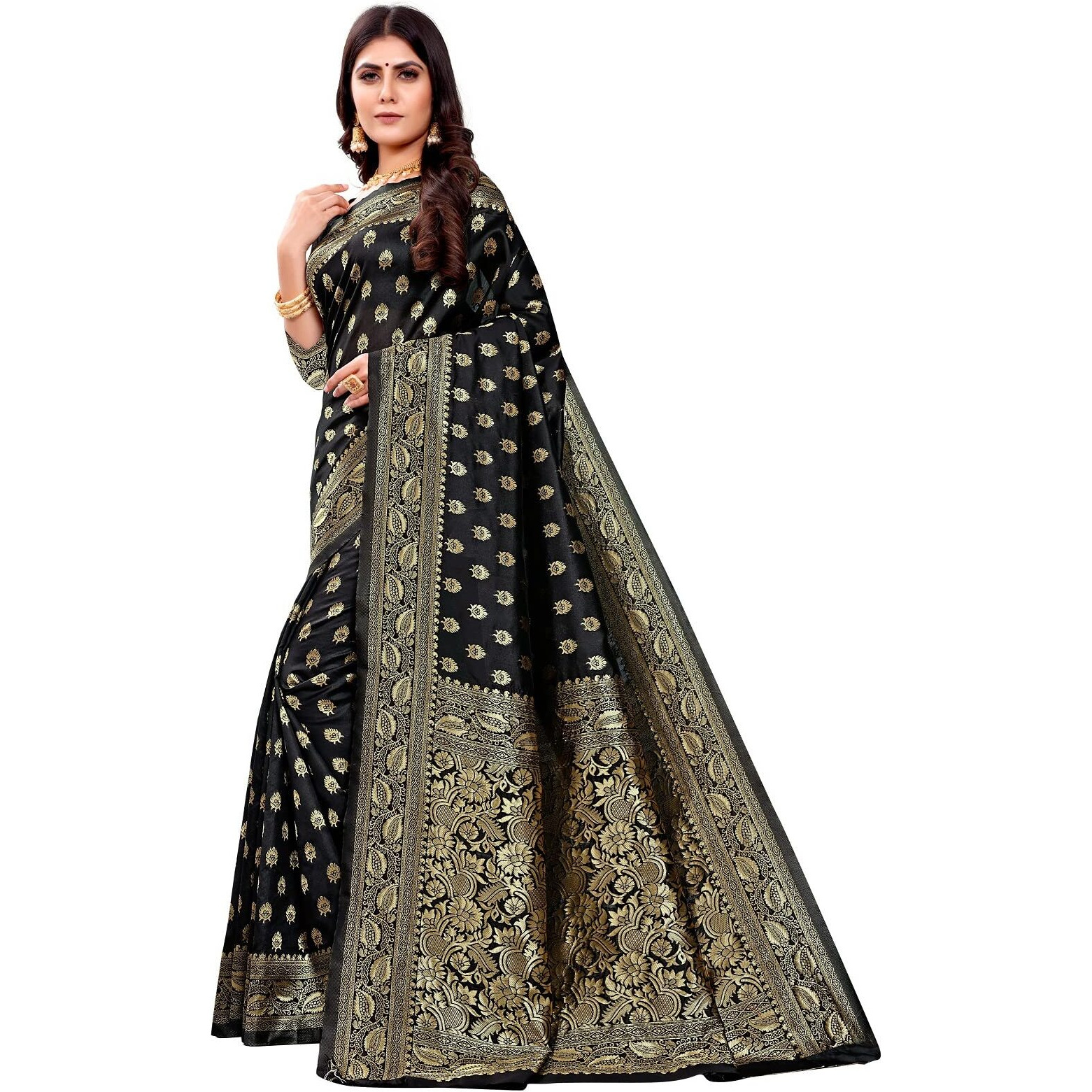 Sugathari Womens Banarasi Saree Pure Kanjivaram Silk Saree Soft new ladies 2023 Design Wear Pattu Sarees Latest Cotton Party Sari collections With Blouse Piece for Wedding sadi (PARI S-1 BLACK)