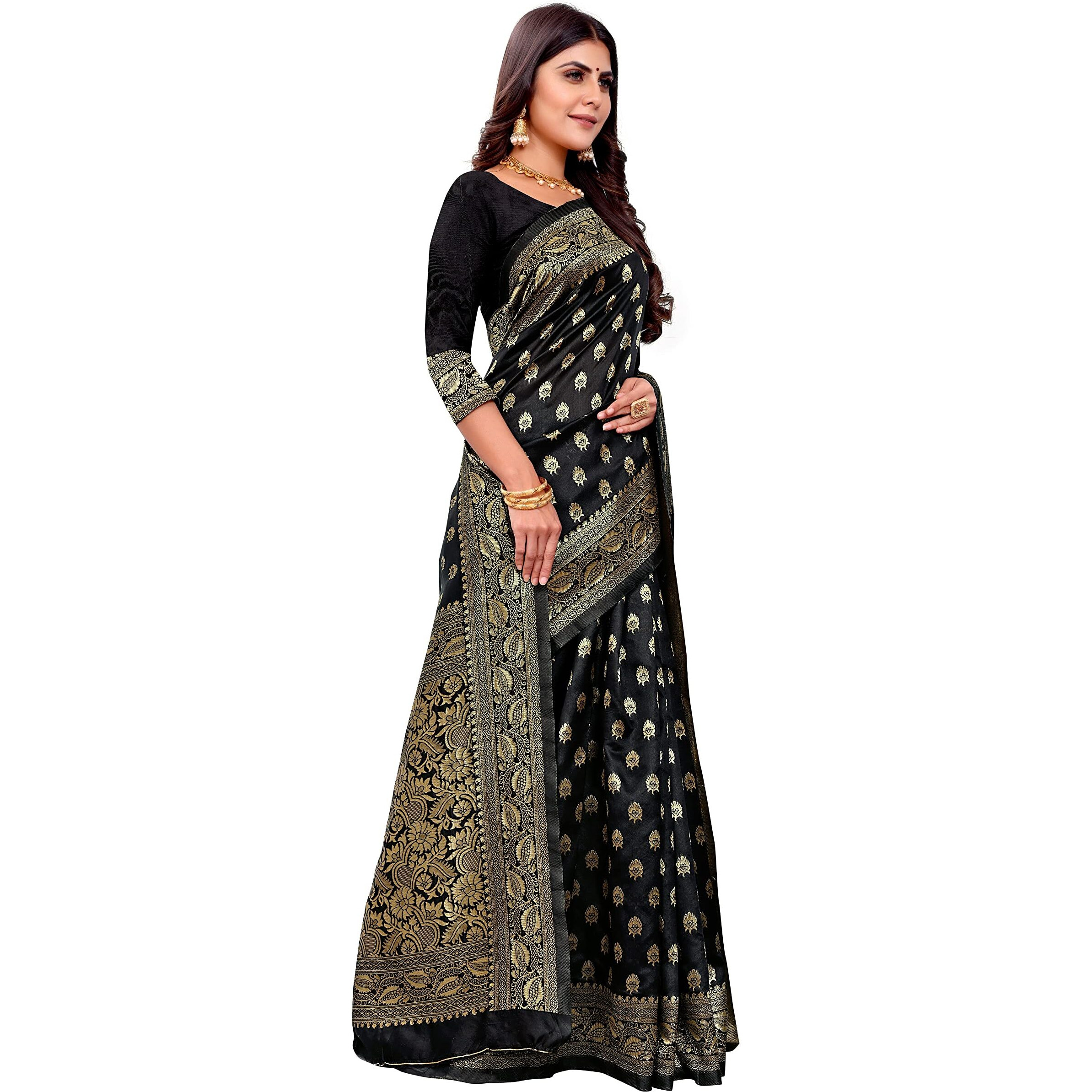 Sugathari Womens Banarasi Saree Pure Kanjivaram Silk Saree Soft new ladies 2023 Design Wear Pattu Sarees Latest Cotton Party Sari collections With Blouse Piece for Wedding sadi (PARI S-1 BLACK)