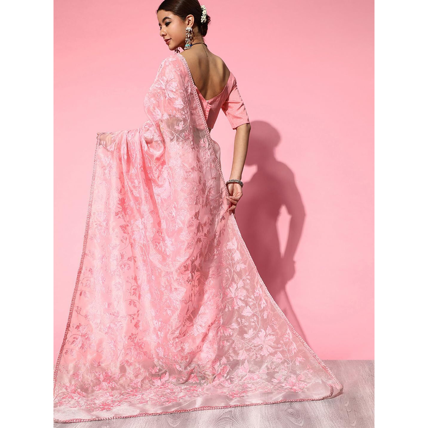 AKHILAM Womens Organza Embroidered Saree With Unstitched Blouse Piece (Pink_2LIHAZ2002)