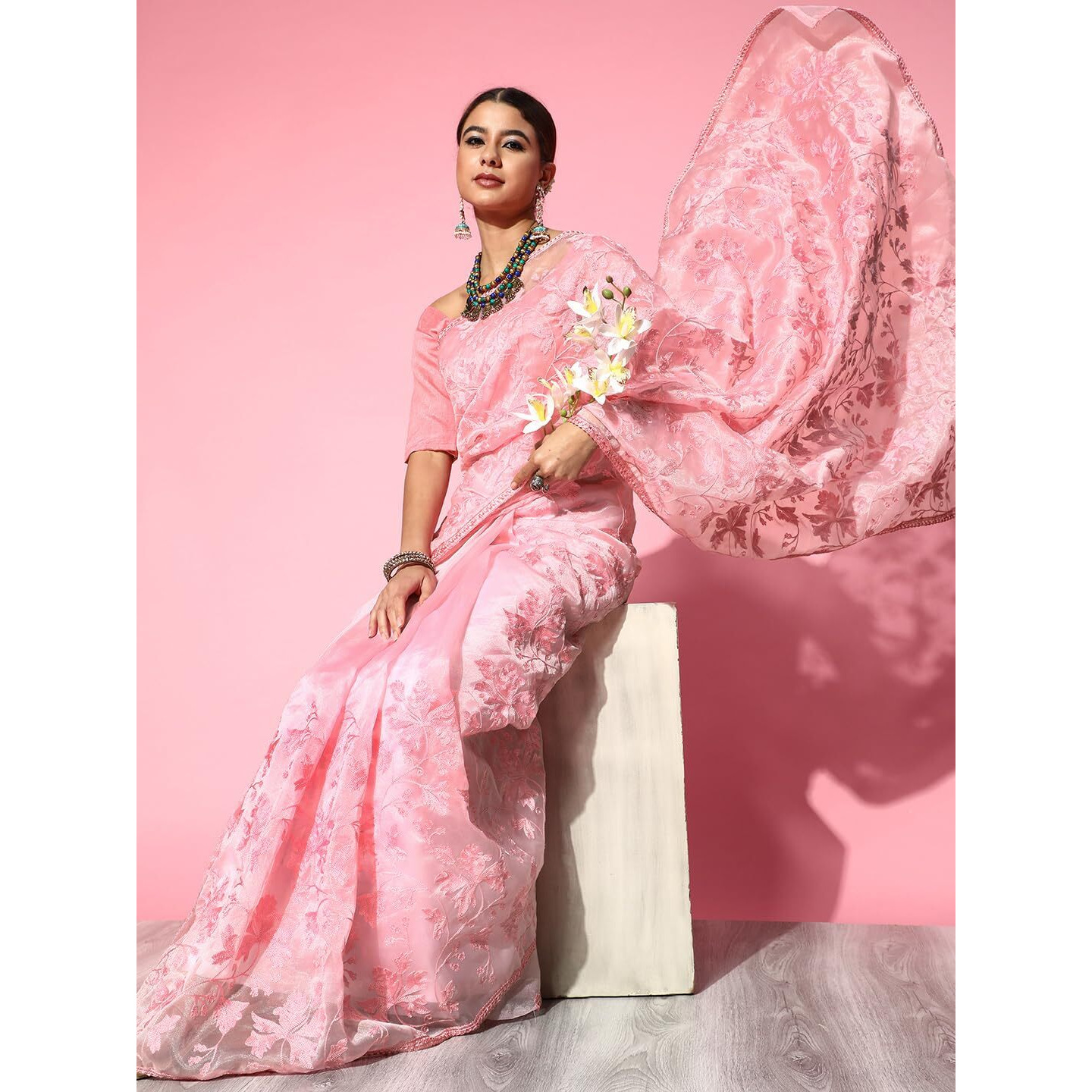 AKHILAM Womens Organza Embroidered Saree With Unstitched Blouse Piece (Pink_2LIHAZ2002)