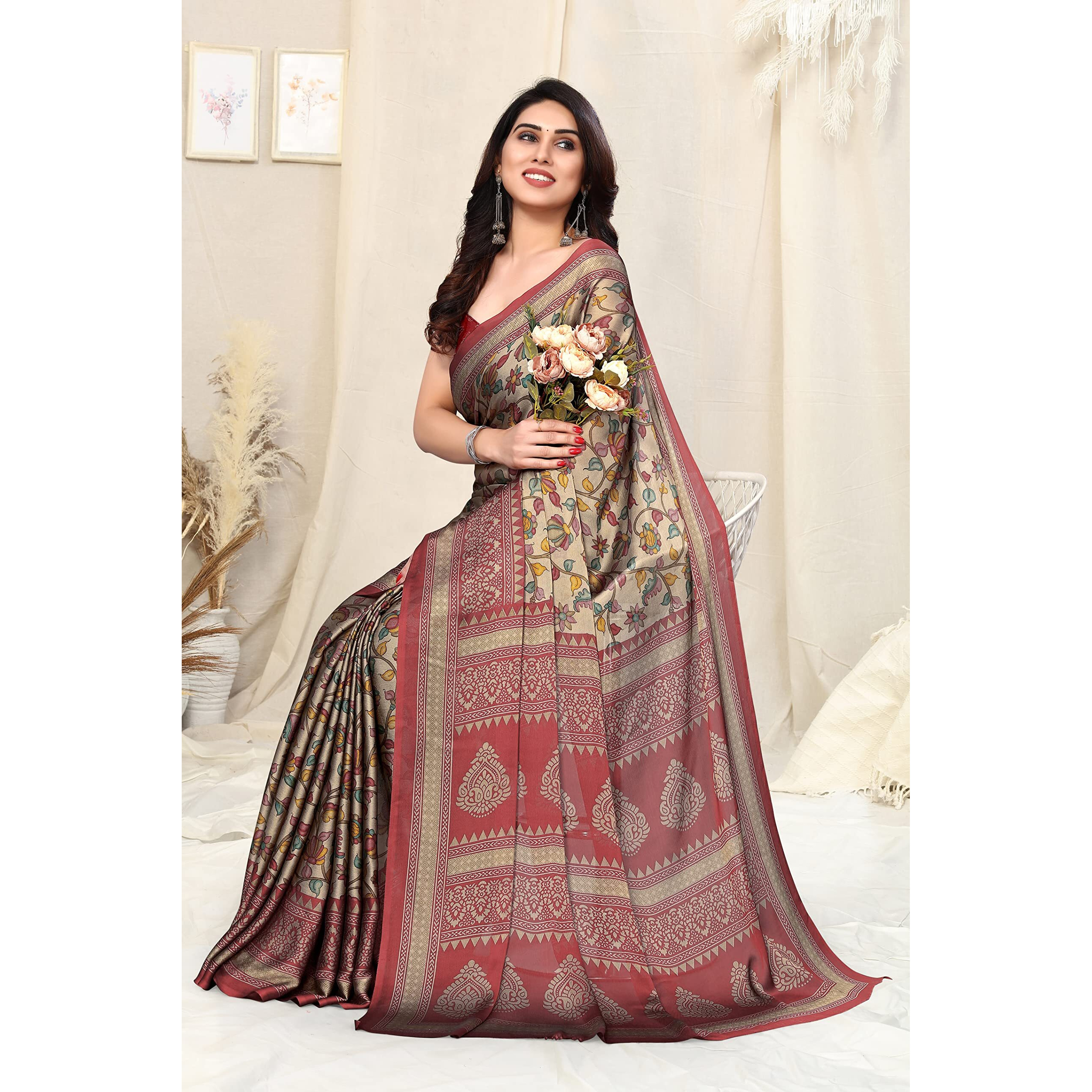 MIRCHI FASHION Chiffon Womens Kalamkari Floral Block Printed Saree With Blouse Piece (38941-Beige, Rust)