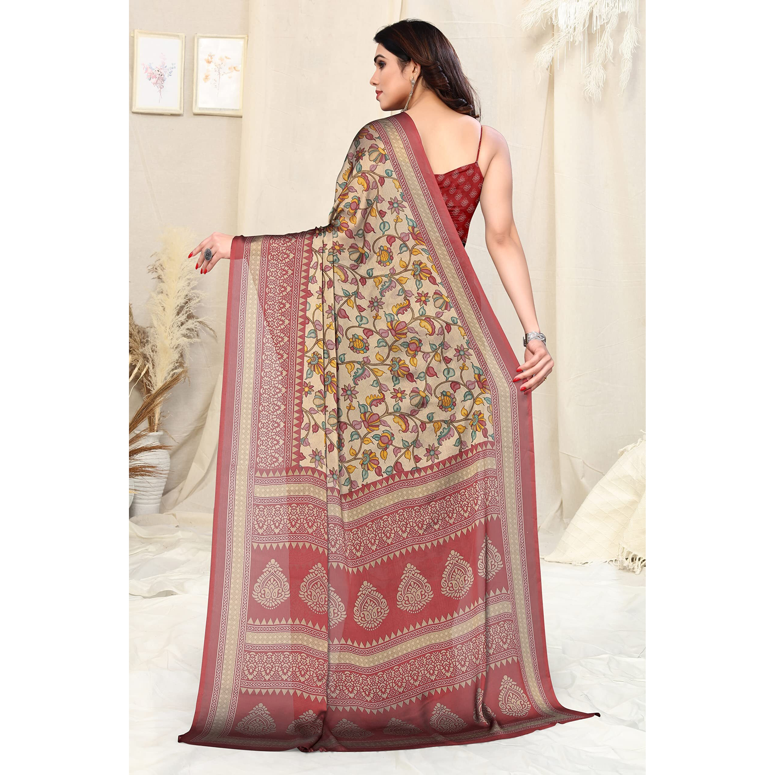 MIRCHI FASHION Chiffon Womens Kalamkari Floral Block Printed Saree With Blouse Piece (38941-Beige, Rust)