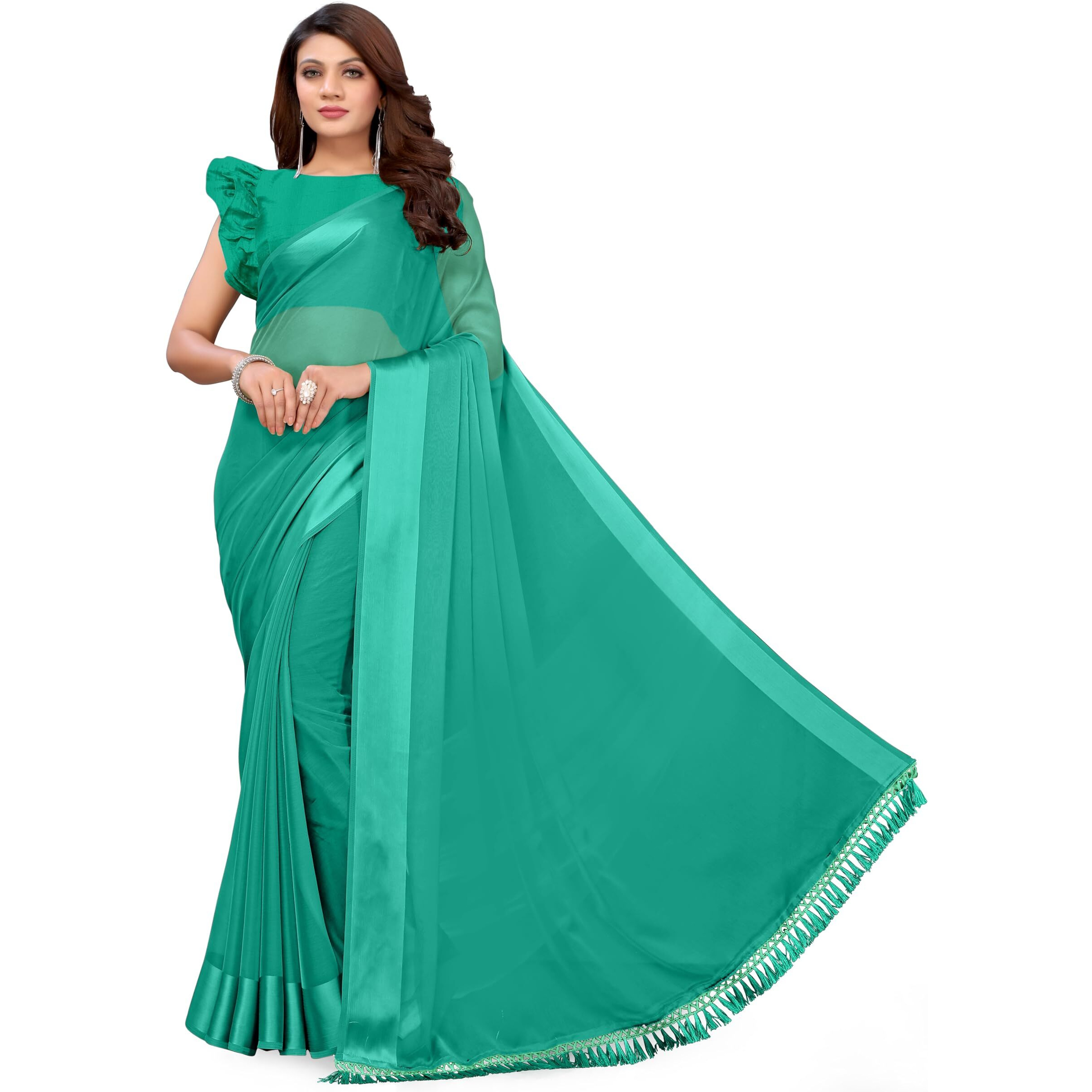 MIRCHI FASHION Womens Satin Chiffon Solid Saree with Blouse Piece (41036-Teal Green)