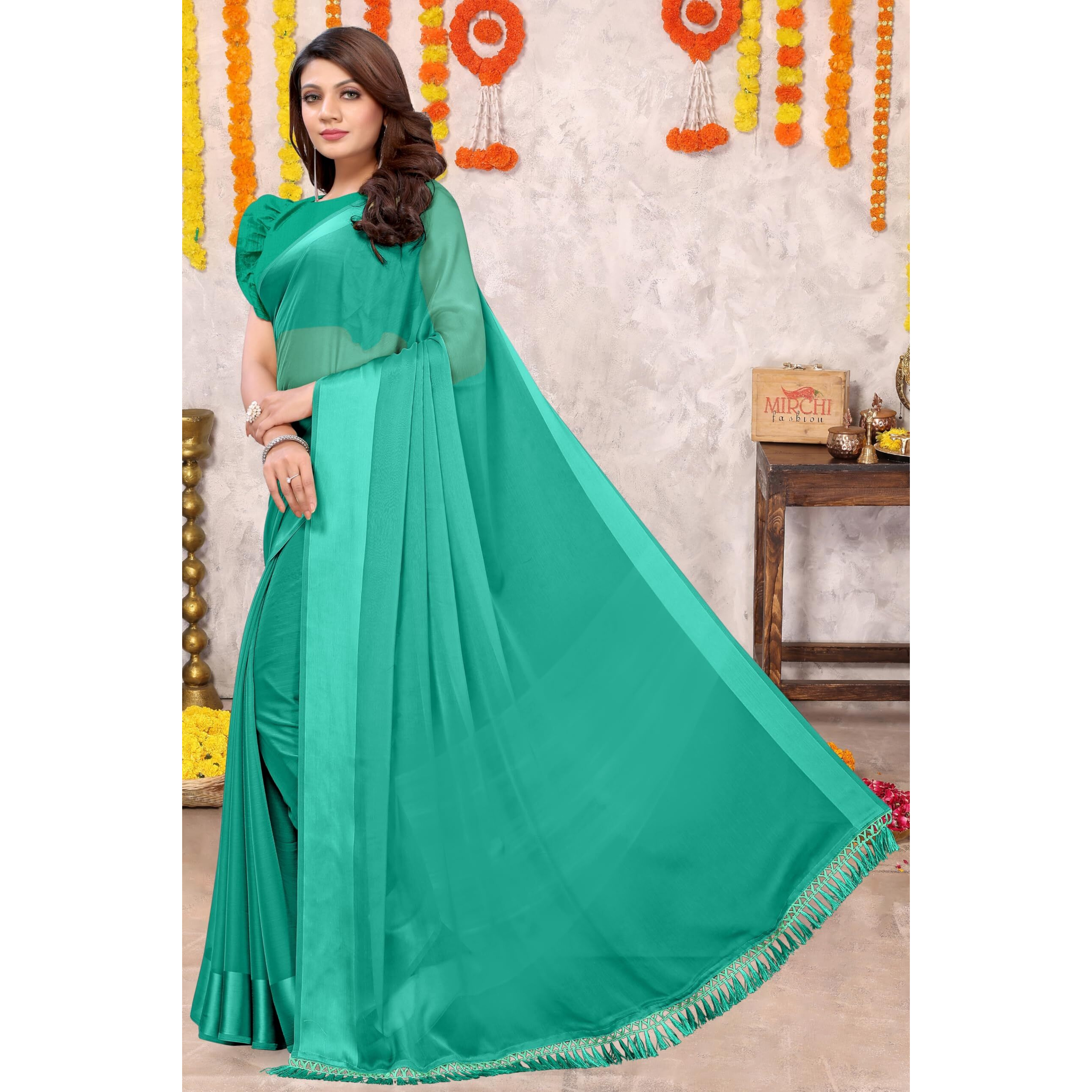 MIRCHI FASHION Womens Satin Chiffon Solid Saree with Blouse Piece (41036-Teal Green)