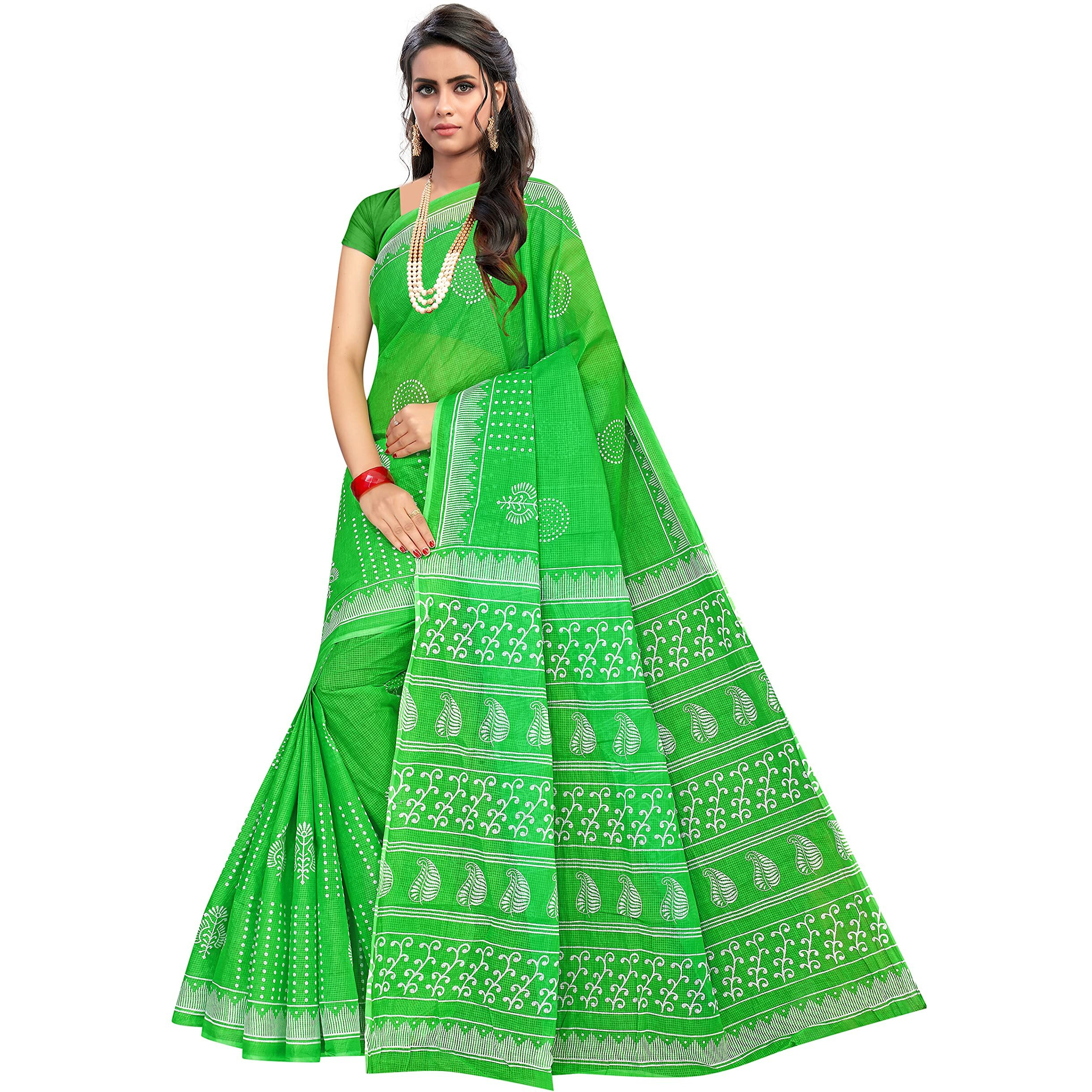 TAMAIRA FASHION Womens Moonga Check Pure Cotton Saree Without Blouse Piece(1756_ParrotGreen)