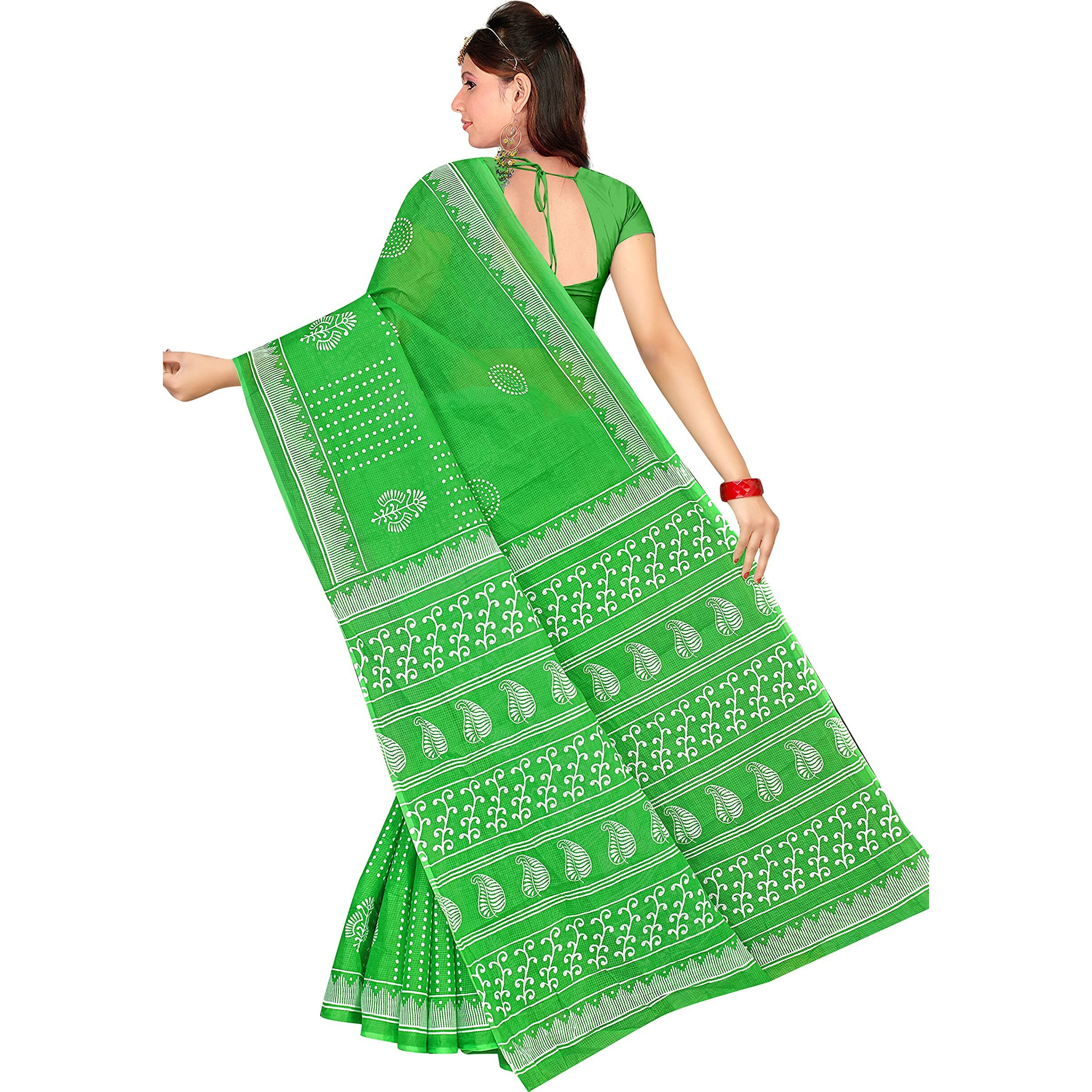 TAMAIRA FASHION Womens Moonga Check Pure Cotton Saree Without Blouse Piece(1756_ParrotGreen)