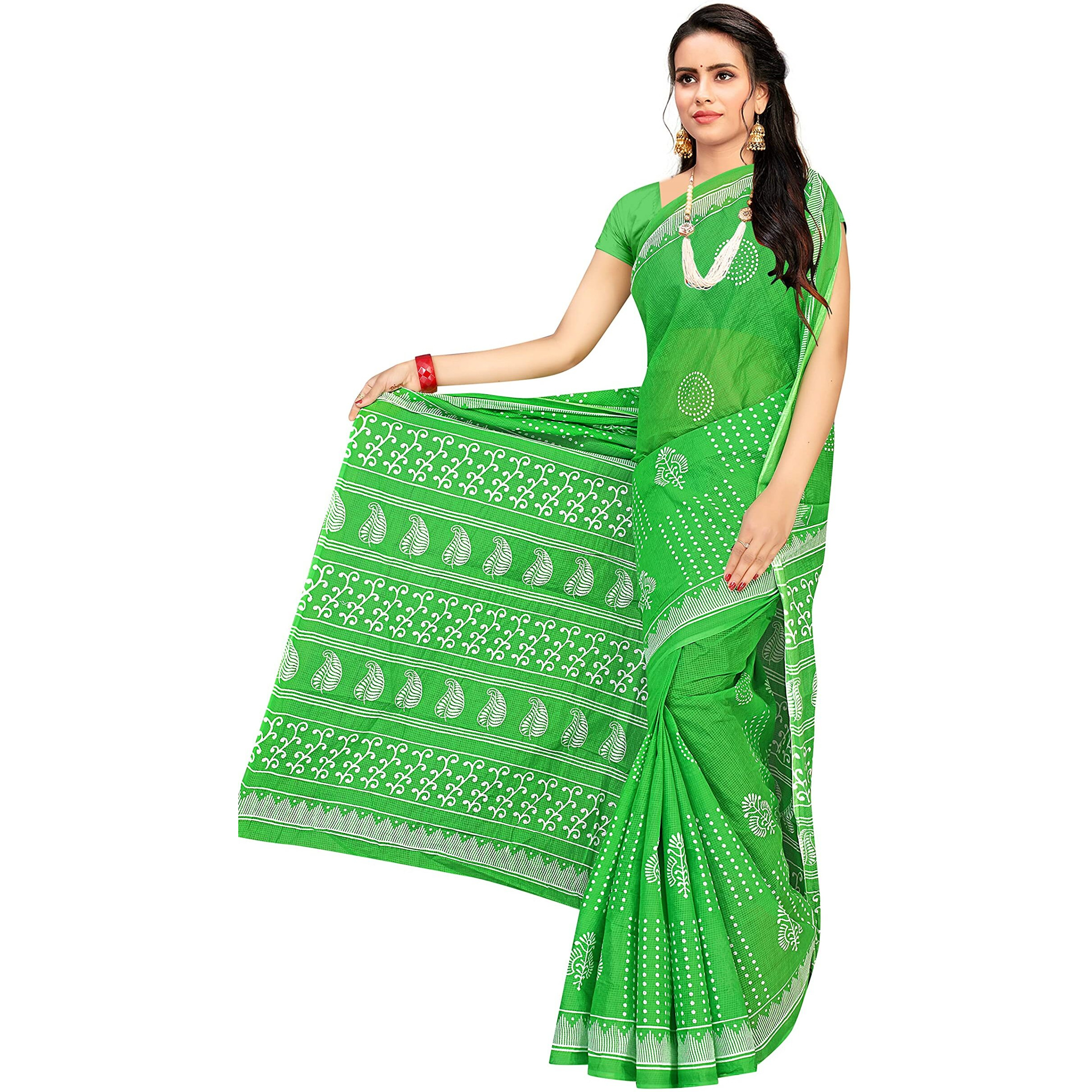 TAMAIRA FASHION Womens Moonga Check Pure Cotton Saree Without Blouse Piece(1756_ParrotGreen)