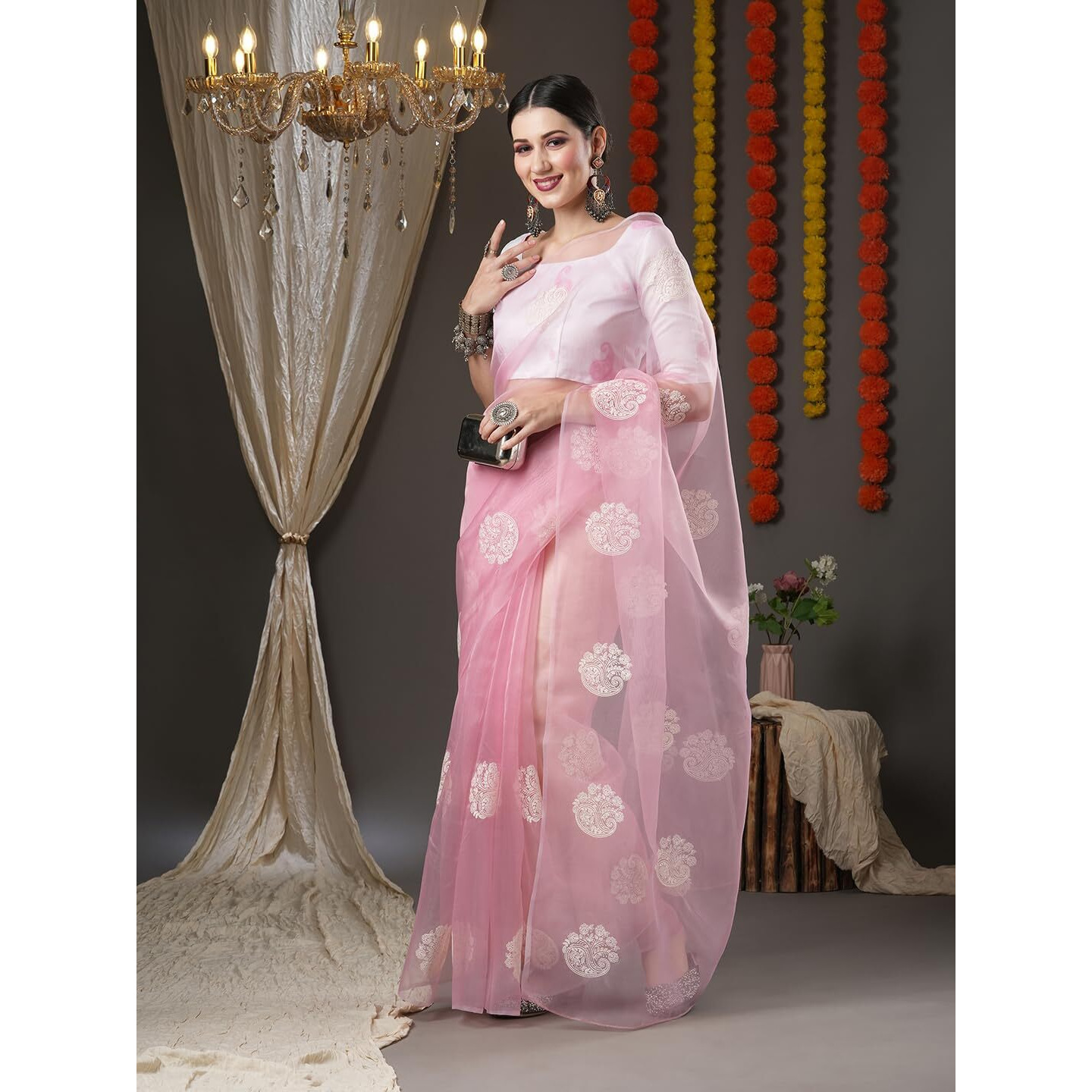 AKHILAM Womens Pink Bagh design Organza Saree With Unstitched Blouse Piece (4KAVI404)